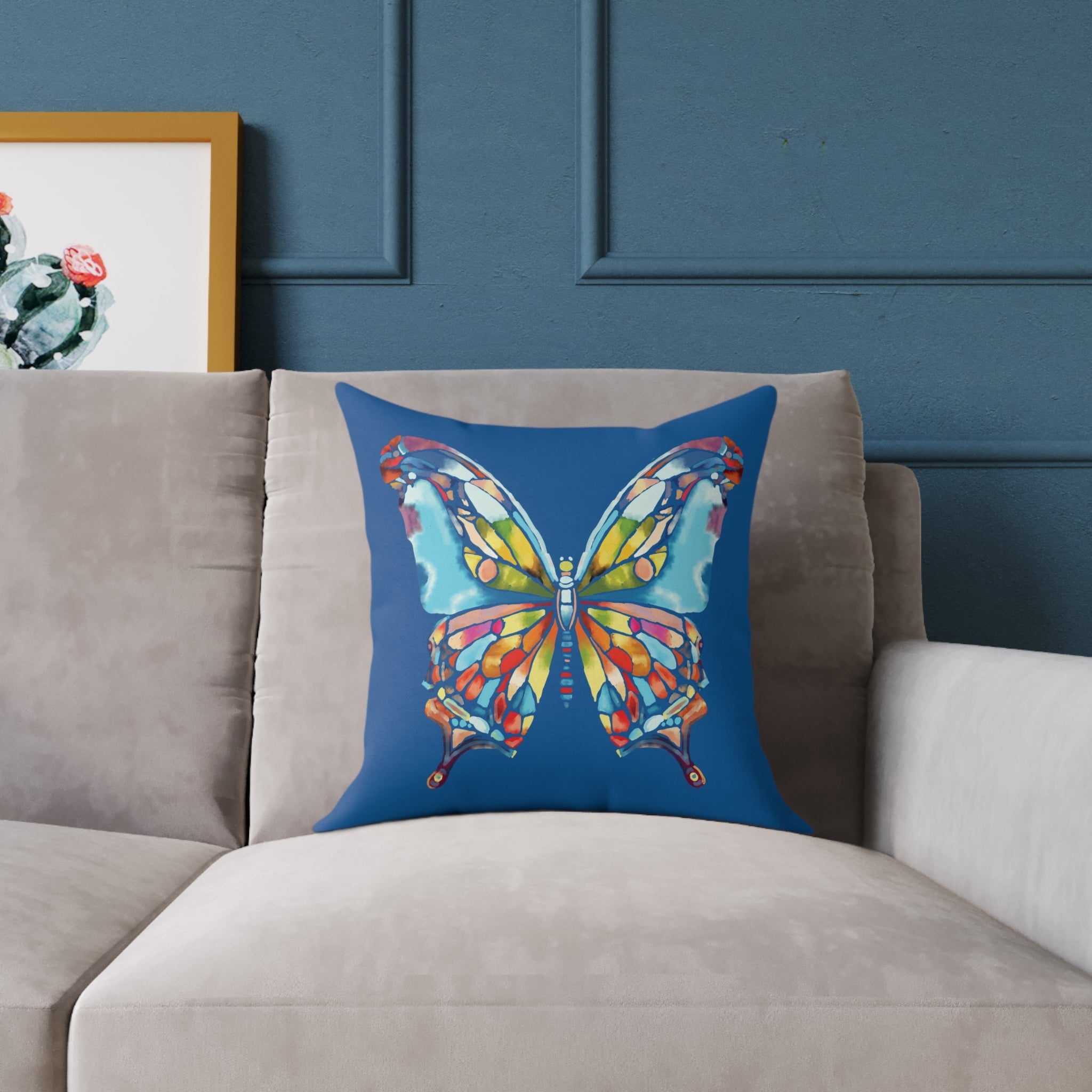Colorful Stained - Glass Butterfly Pillow — Blue Decorative Throw Cushion - Blue Cava