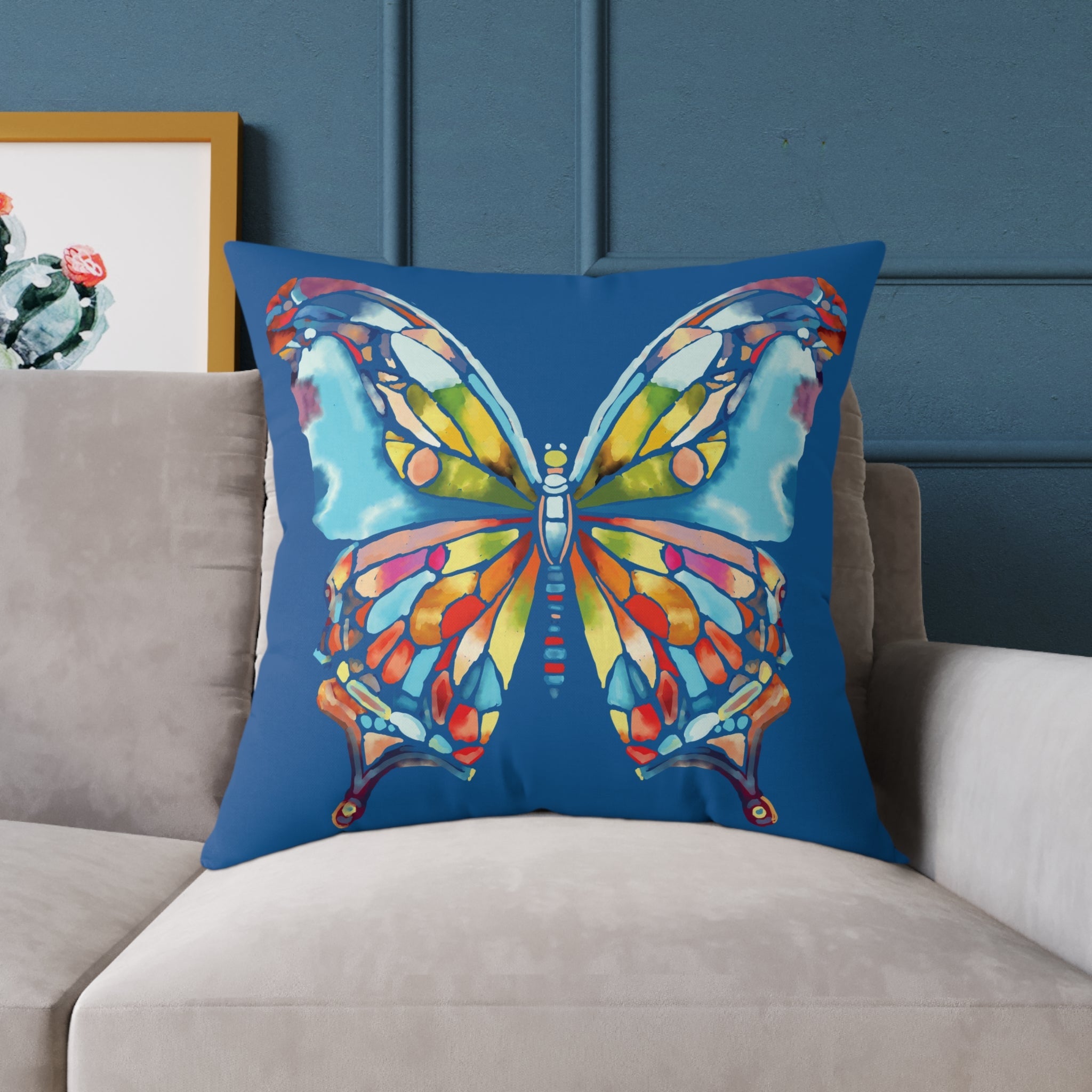 Colorful Stained - Glass Butterfly Pillow — Blue Decorative Throw Cushion - Blue Cava
