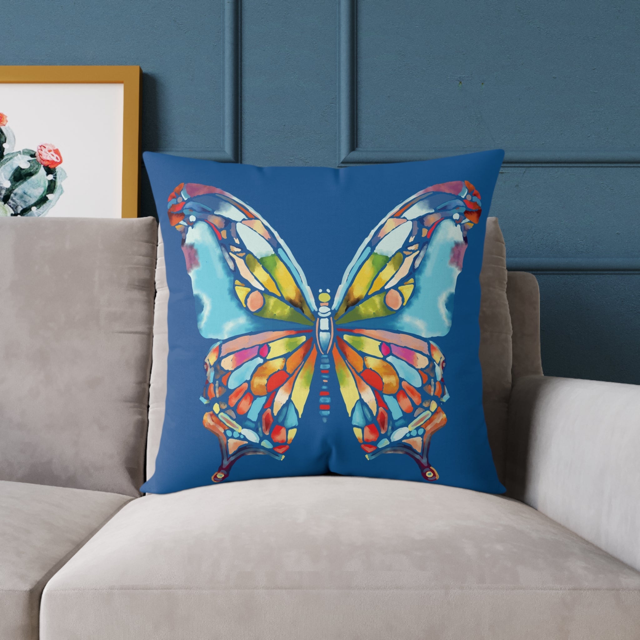 Colorful Stained - Glass Butterfly Pillow — Blue Decorative Throw Cushion - Blue Cava
