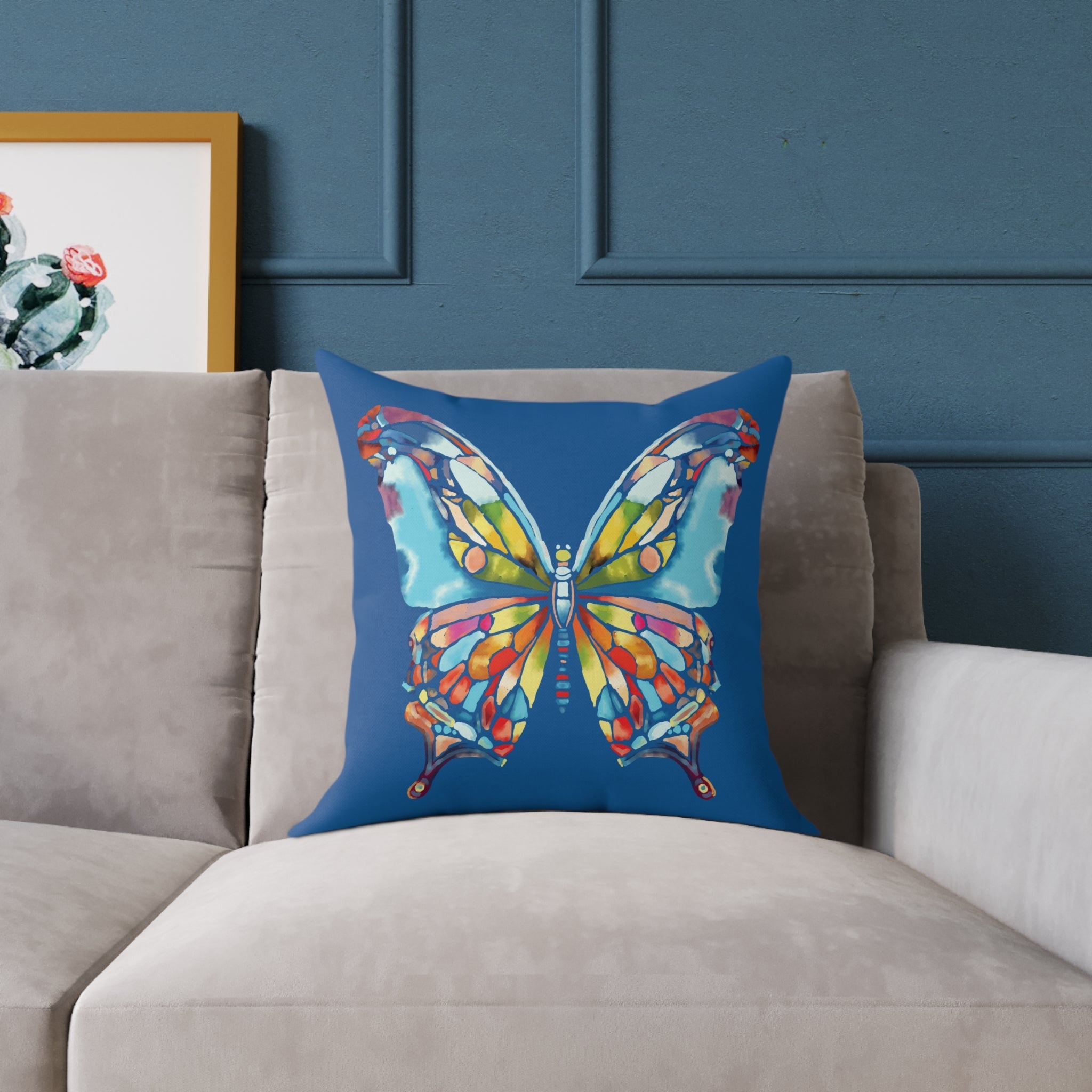 Colorful Stained - Glass Butterfly Pillow — Blue Decorative Throw Cushion - Blue Cava