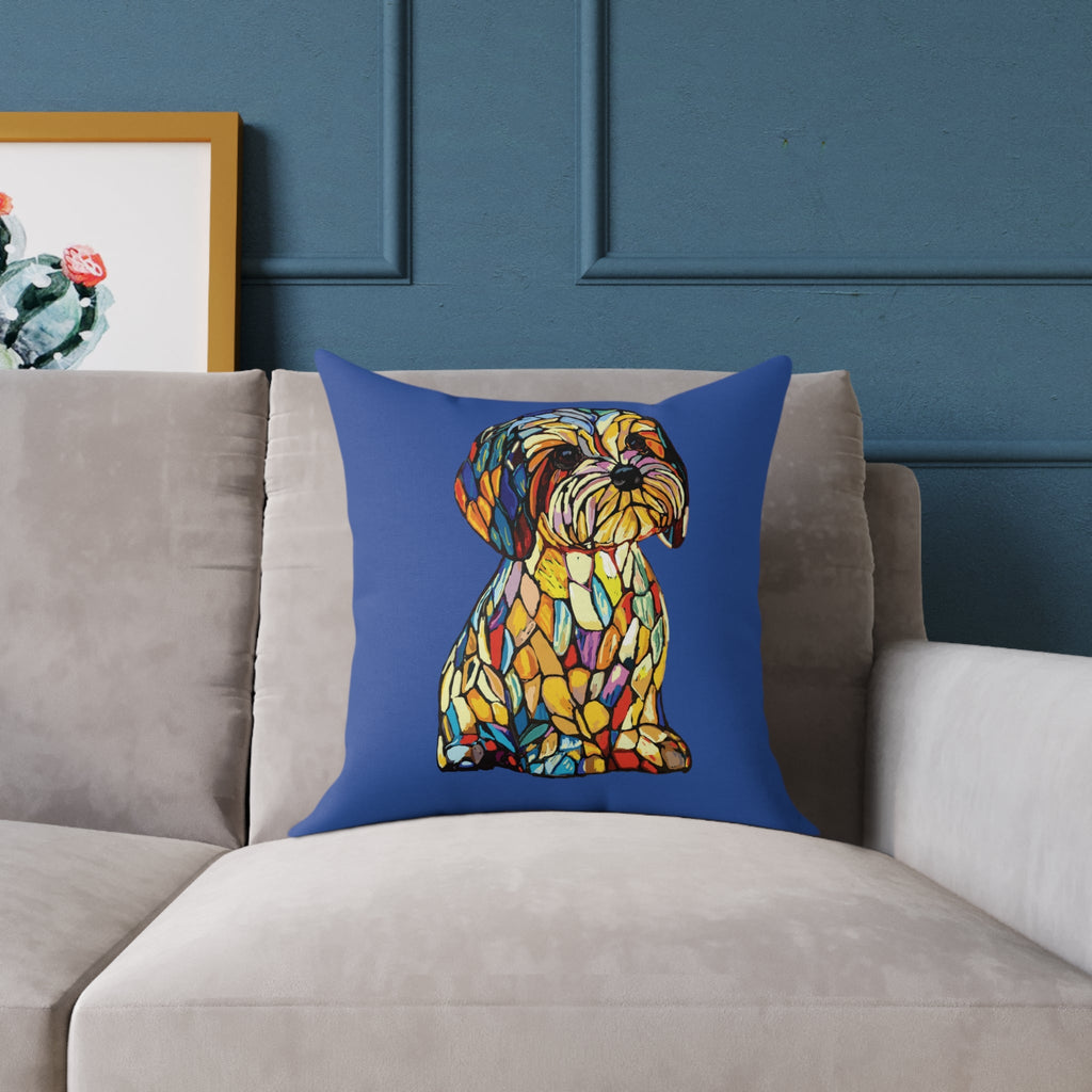 Colorful Stained Glass Dog Art Pillow, Pet Themed Home Decor - Blue Cava