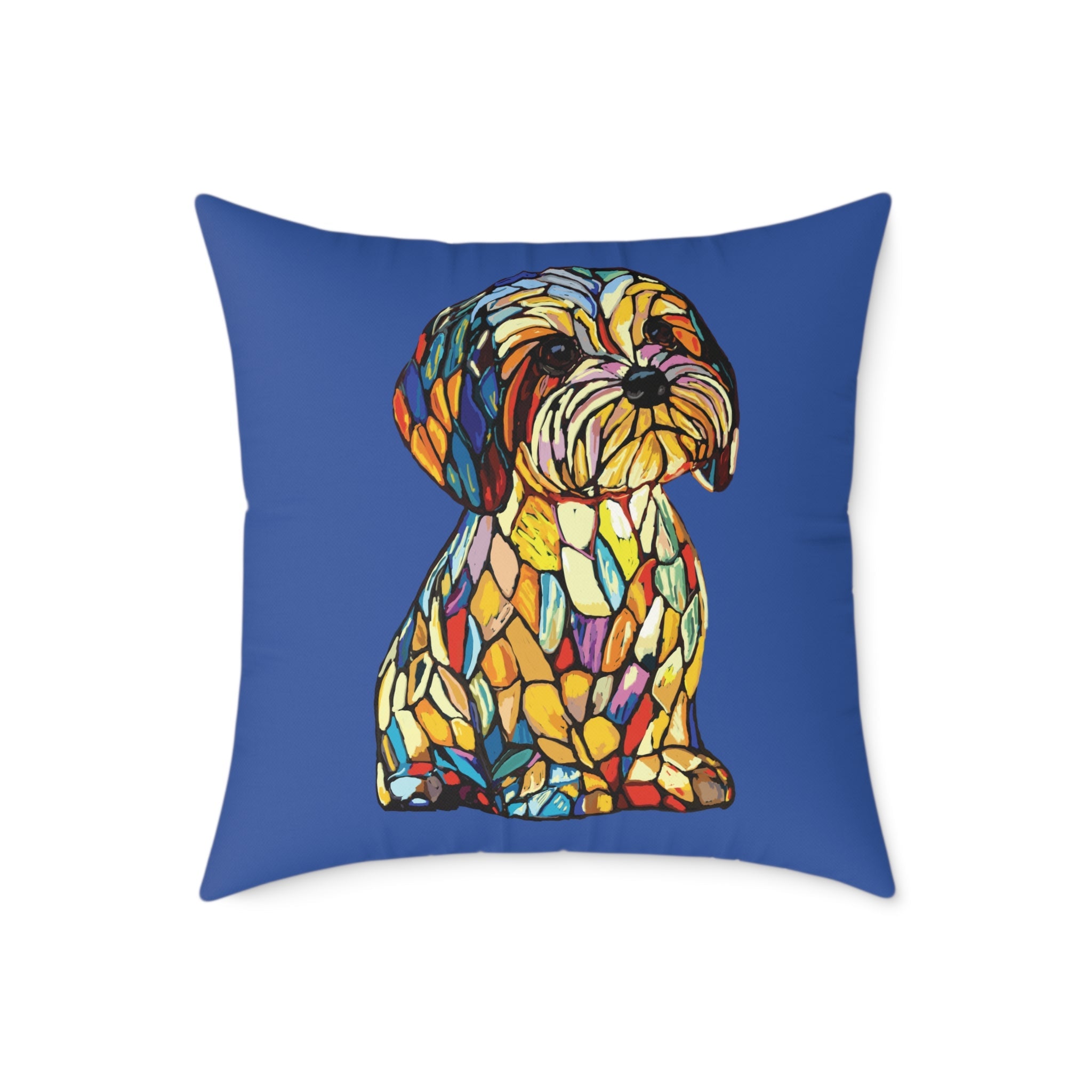 Colorful Stained Glass Dog Art Pillow, Pet Themed Home Decor - Blue Cava