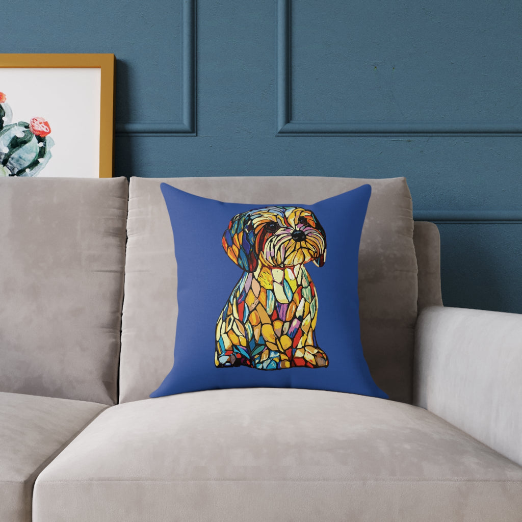 Colorful Stained Glass Dog Art Pillow, Pet Themed Home Decor - Blue Cava