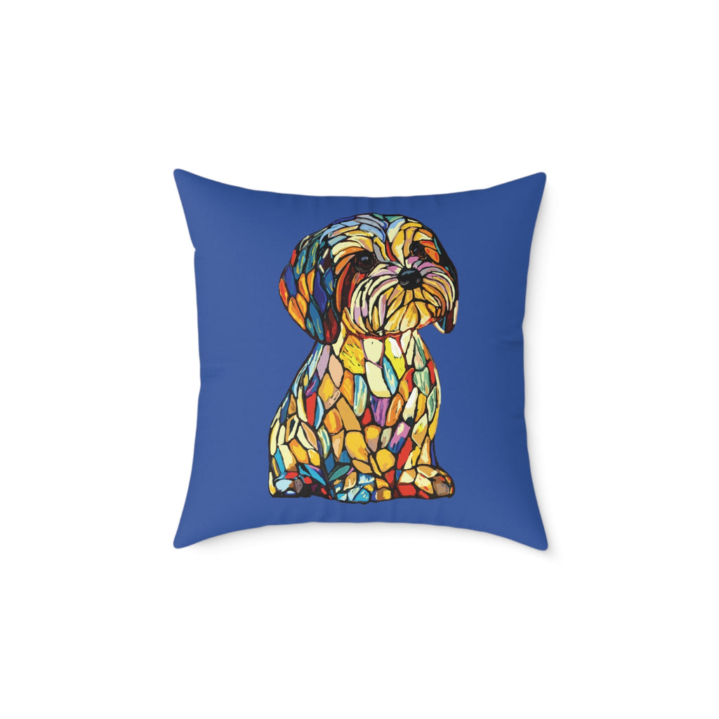Colorful Stained Glass Dog Art Pillow, Pet Themed Home Decor - Blue Cava