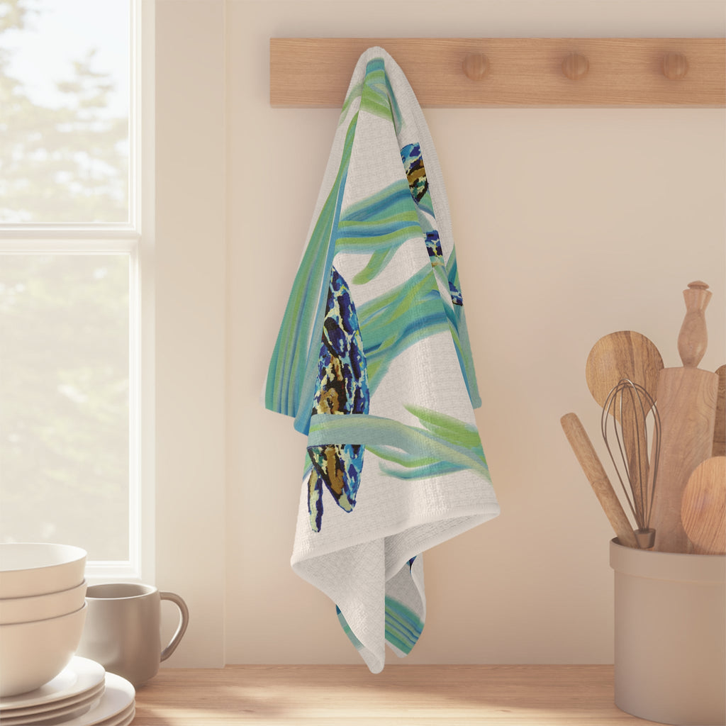 Colorful Turtle Microfiber Waffle Kitchen Towel - Blue Cava