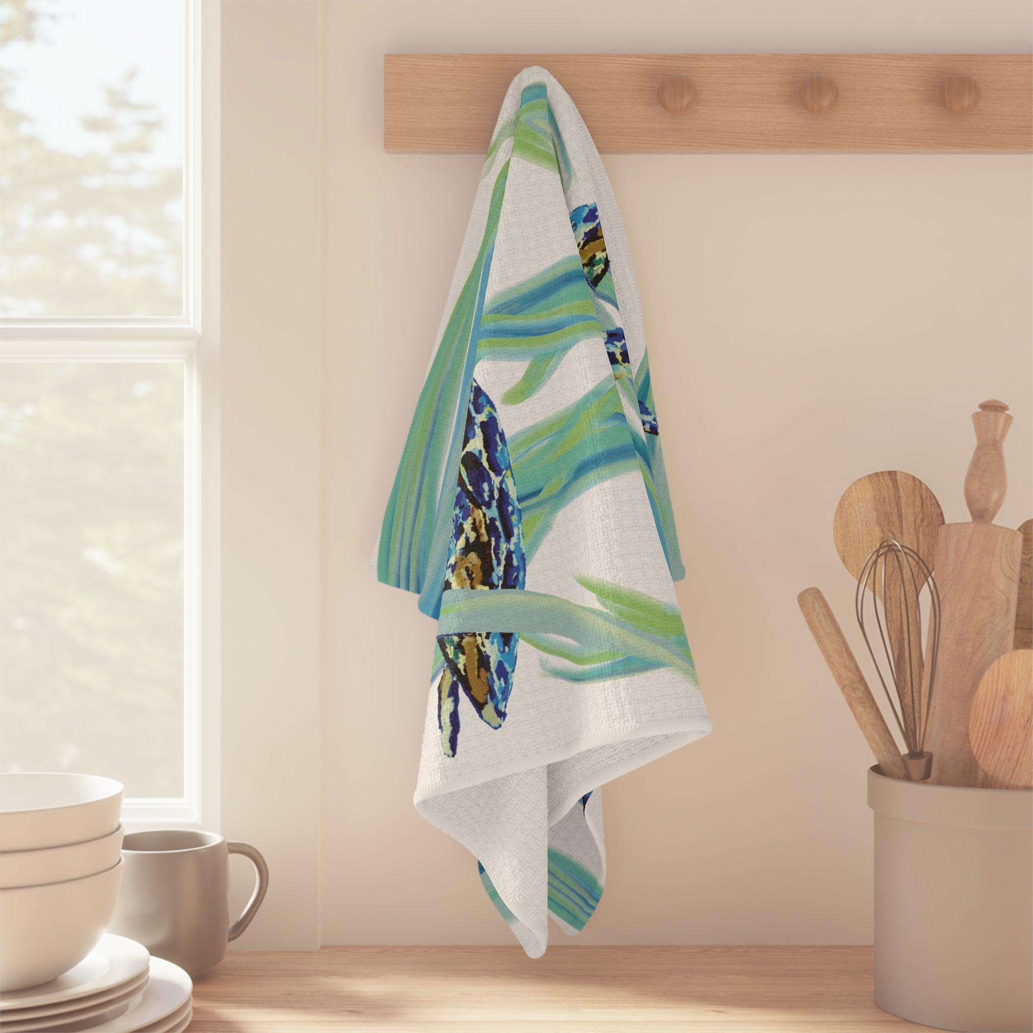 Colorful Turtle Microfiber Waffle Kitchen Towel - Blue Cava