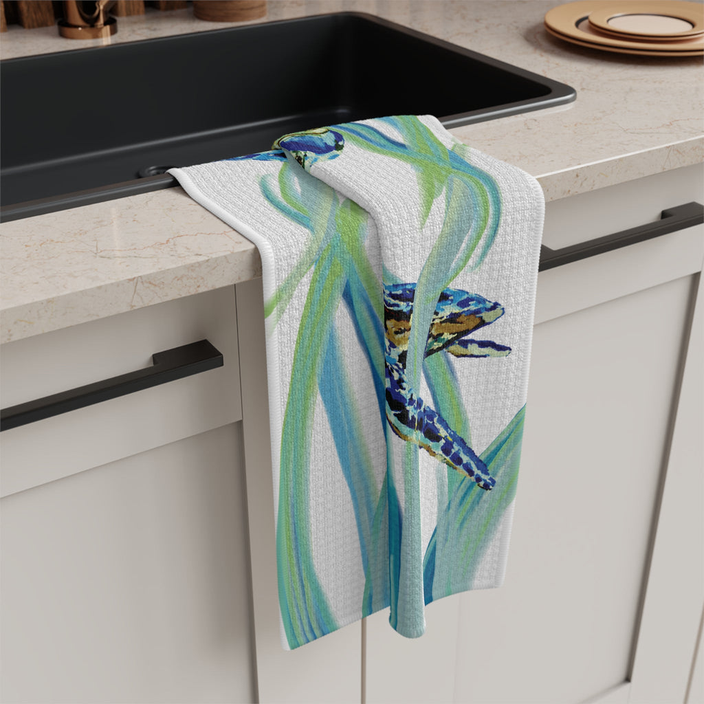 Colorful Turtle Microfiber Waffle Kitchen Towel - Blue Cava