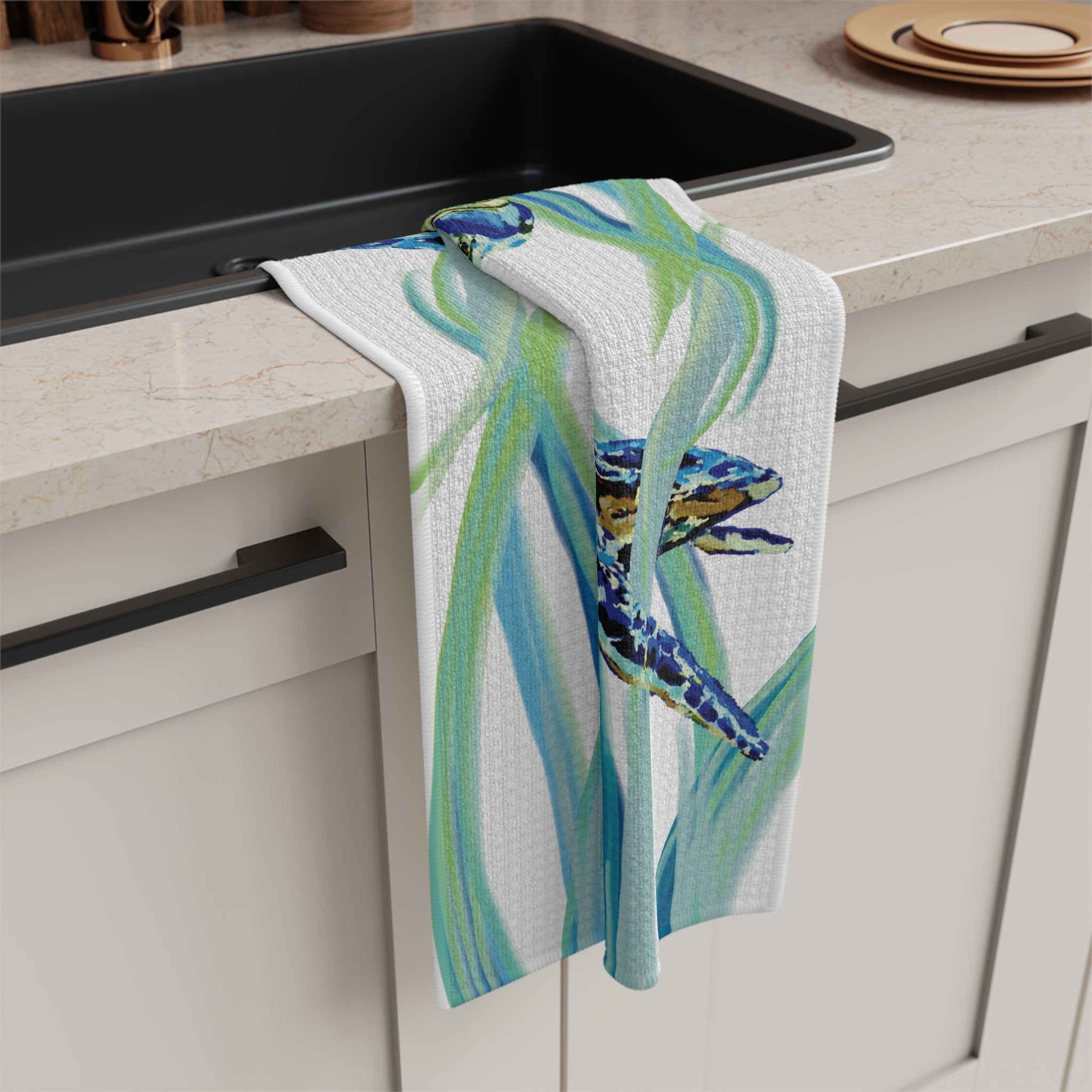 Colorful Turtle Microfiber Waffle Kitchen Towel - Blue Cava