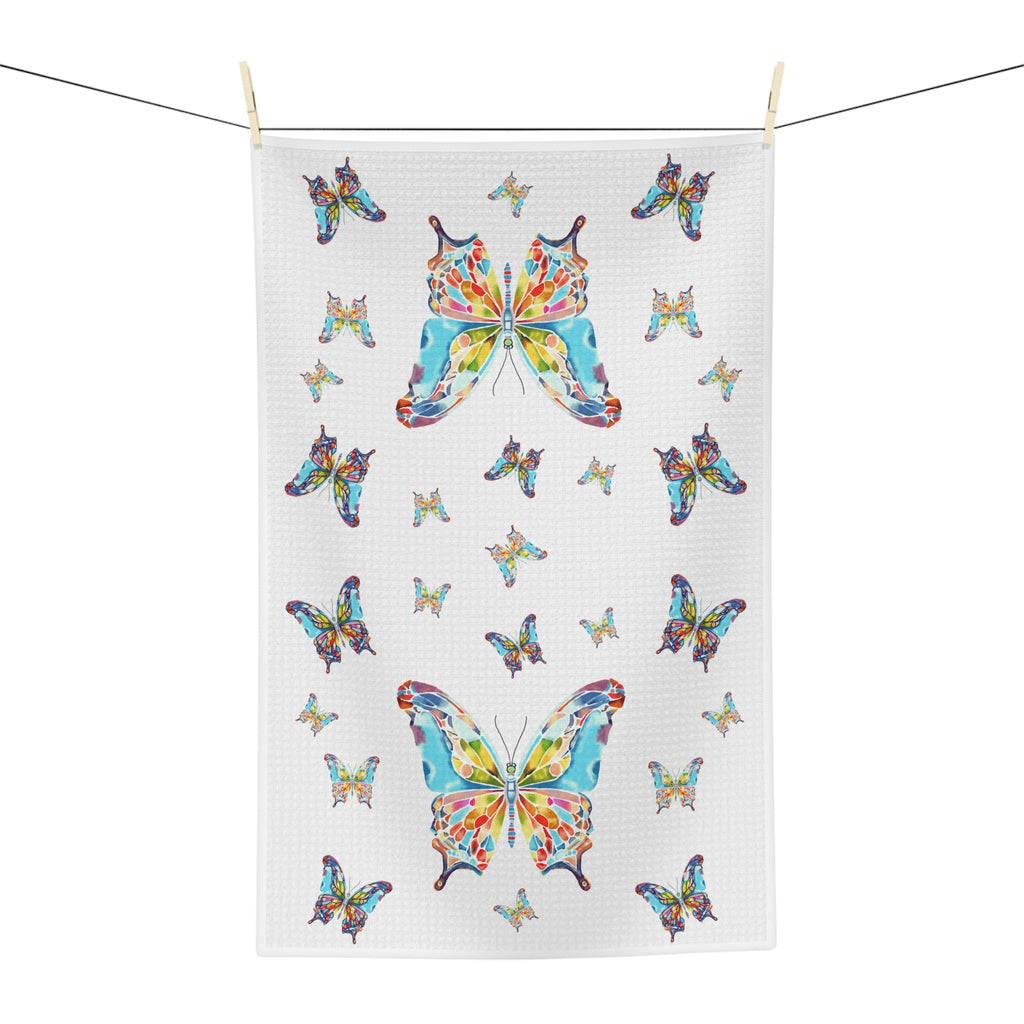 Colorful Watercolor Butterfly Microfiber Waffle Kitchen Towel - Blue Cava