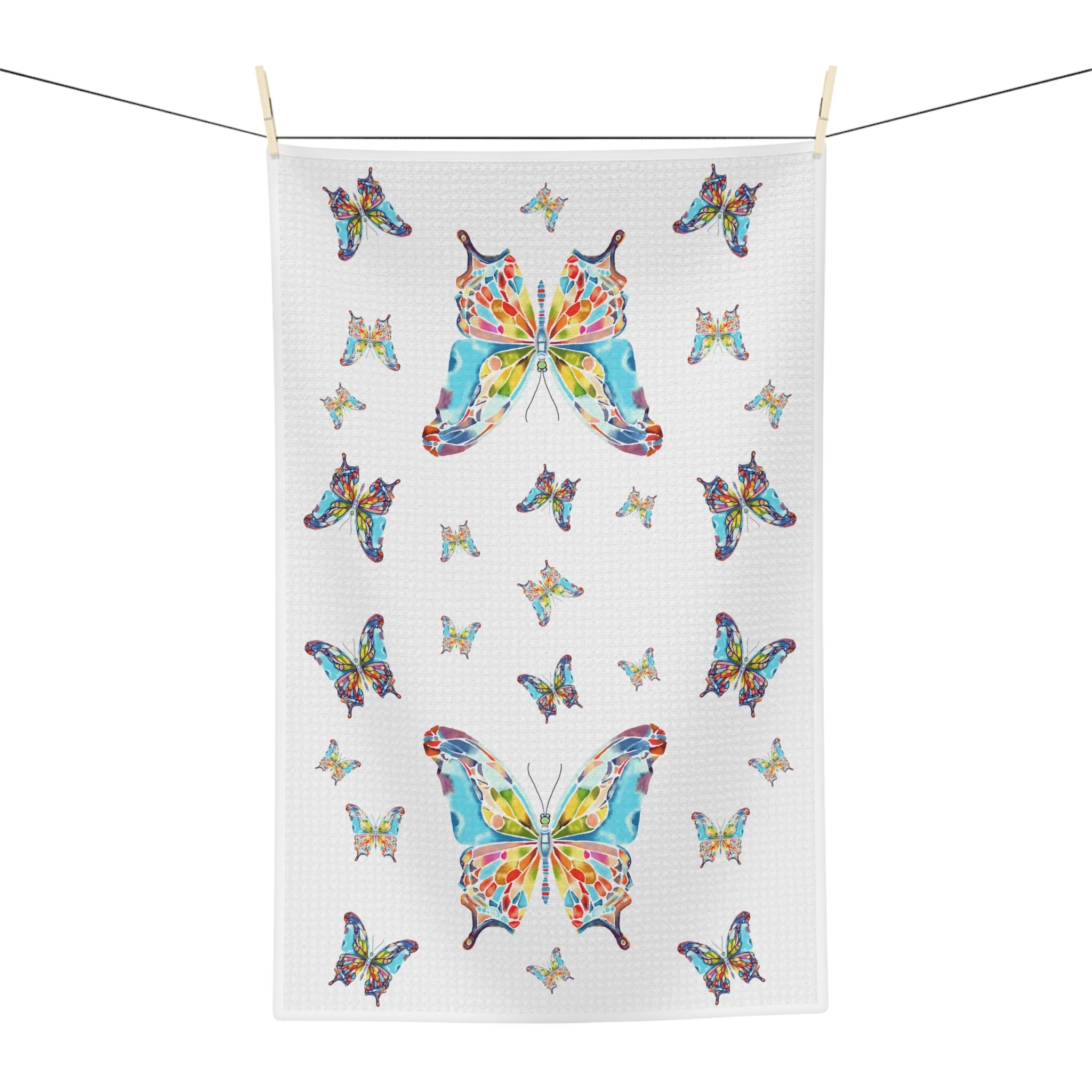 Colorful Watercolor Butterfly Microfiber Waffle Kitchen Towel - Blue Cava