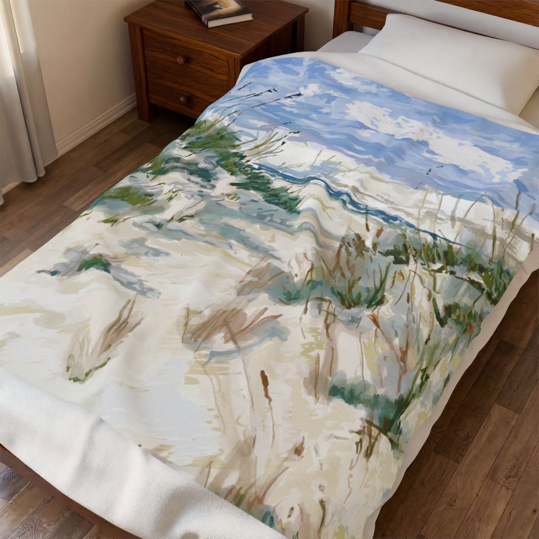 Cozy Beach Scene Velveteen Plush Blankets - Blue Cava
