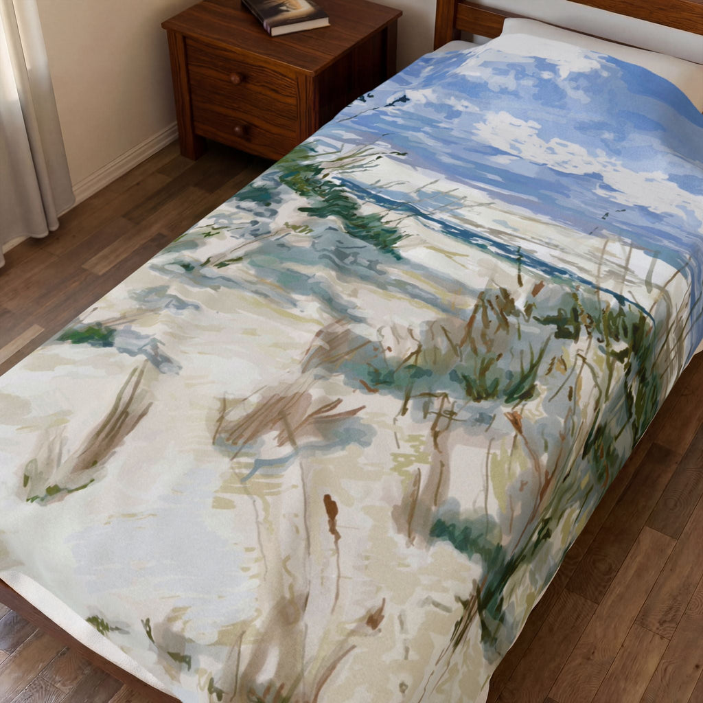 Cozy Beach Scene Velveteen Plush Blankets - Blue Cava