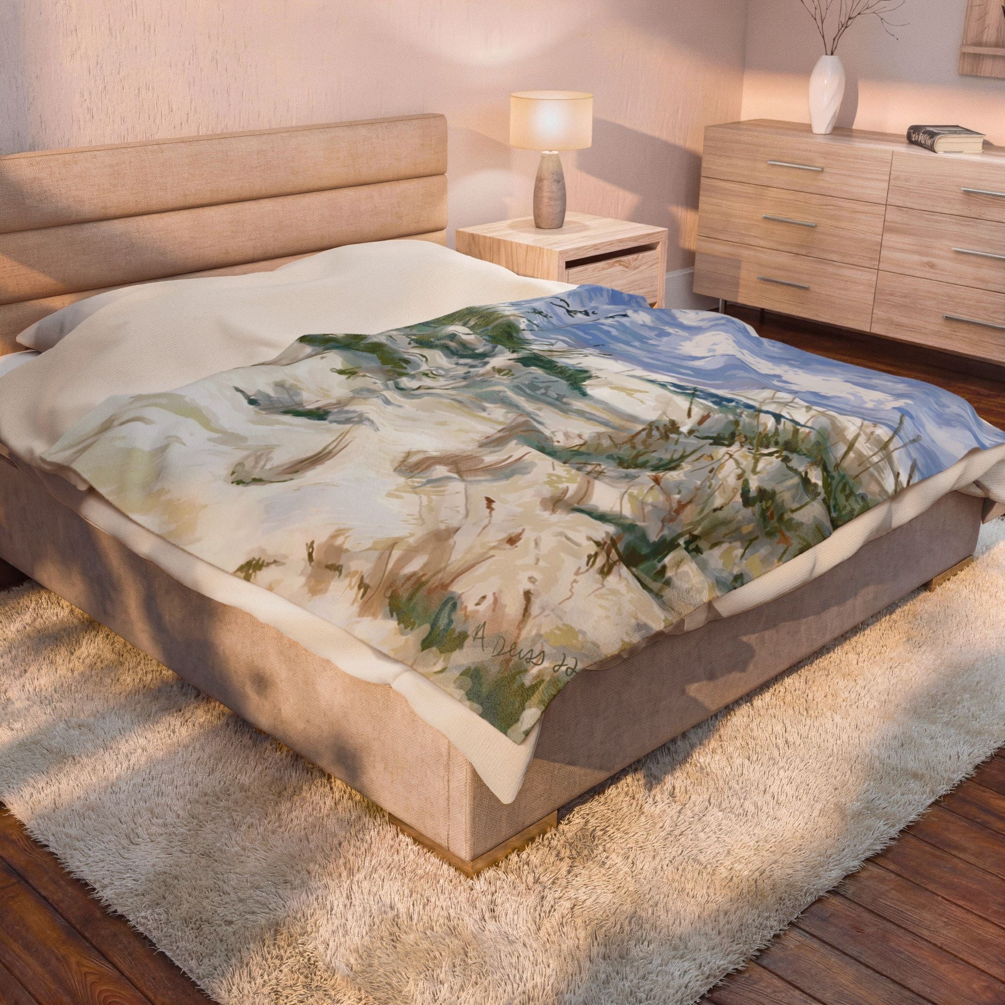 Cozy Beach Scene Velveteen Plush Blankets - Blue Cava