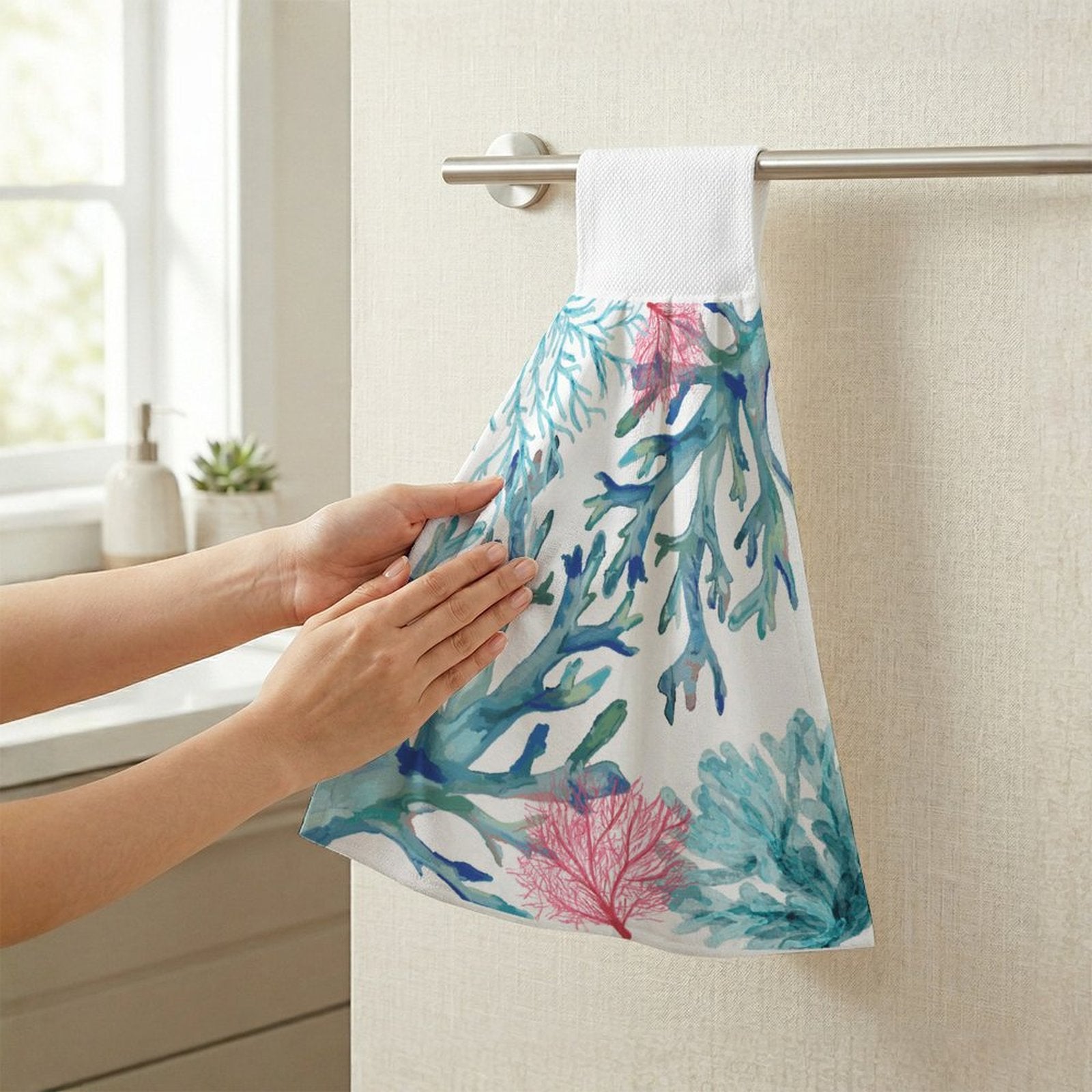 Coastal Coral Kitchen Hand Towel