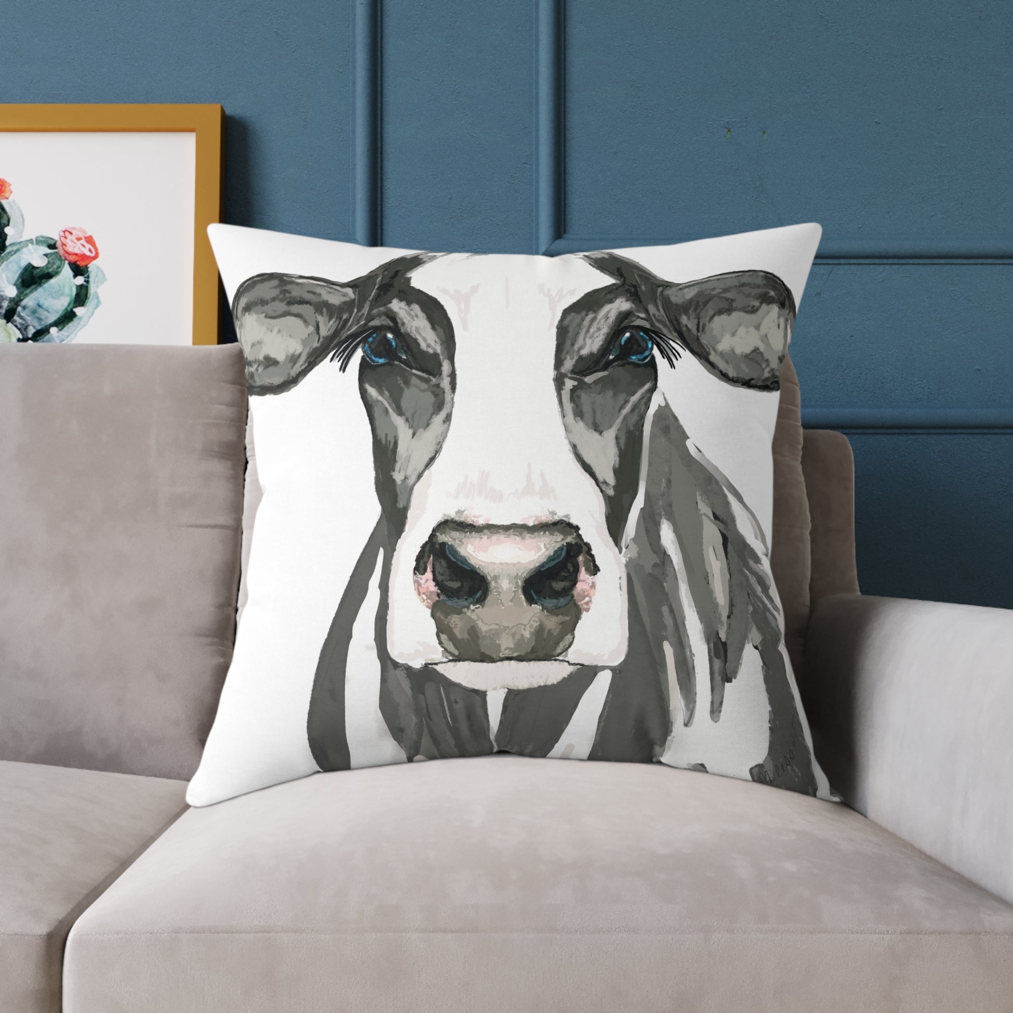 Farmhouse Black And White Cow Square Poly Canvas Pillows - Blue Cava