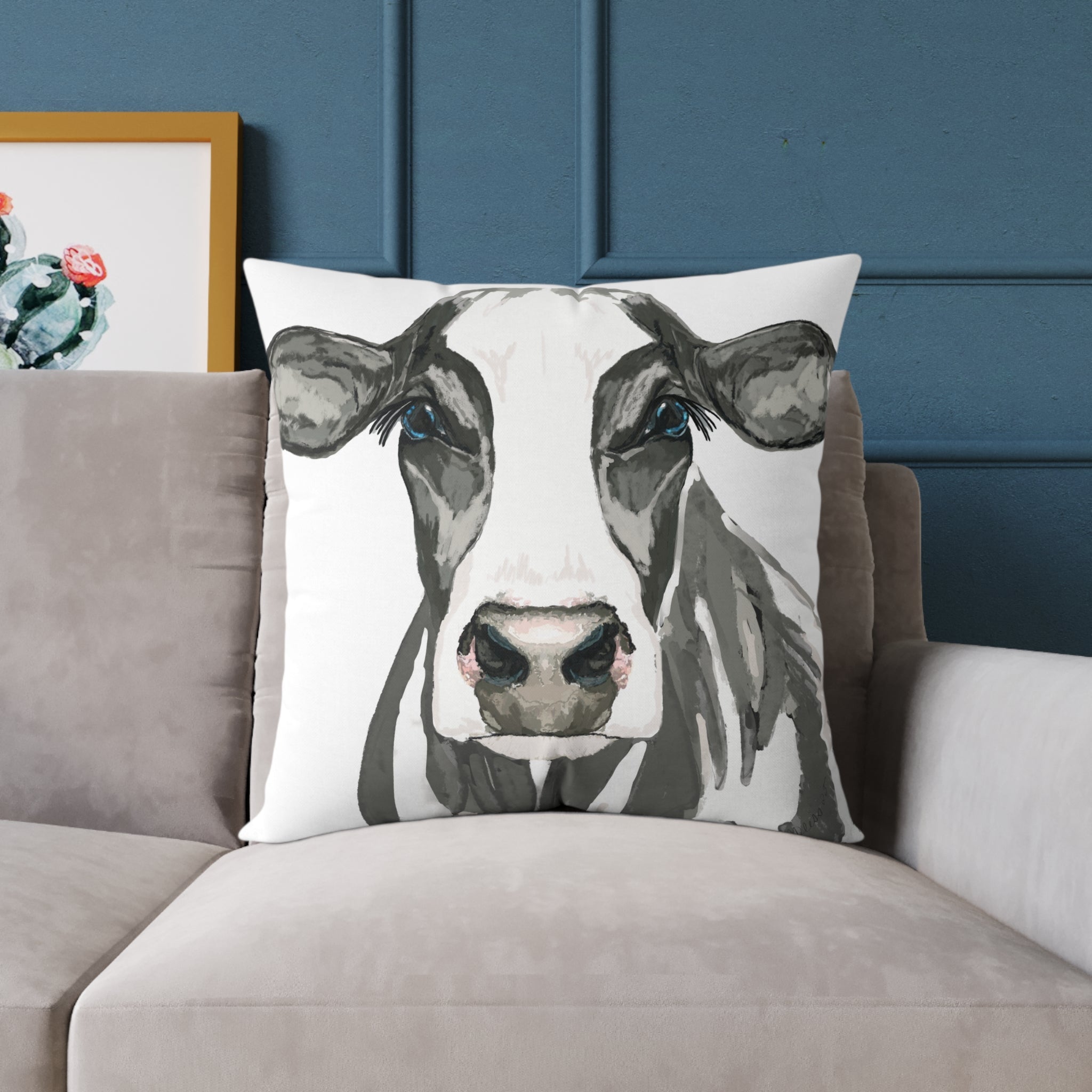 Farmhouse Black And White Cow Square Poly Canvas Pillows - Blue Cava