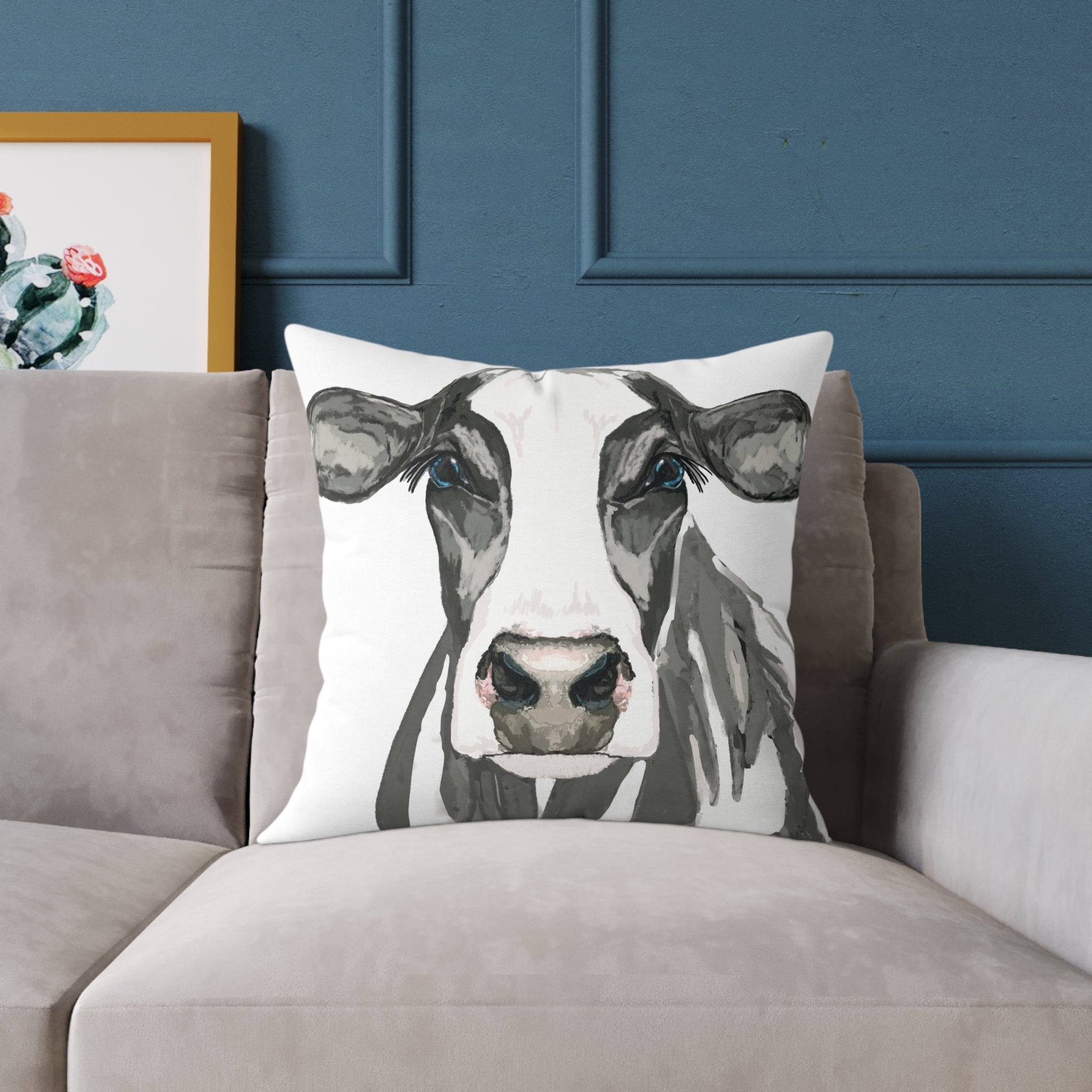 Farmhouse Black And White Cow Square Poly Canvas Pillows - Blue Cava