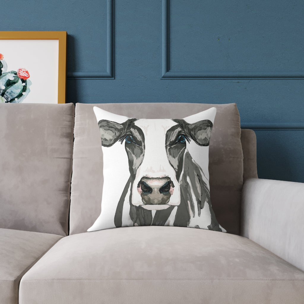 Farmhouse Black And White Cow Square Poly Canvas Pillows - Blue Cava