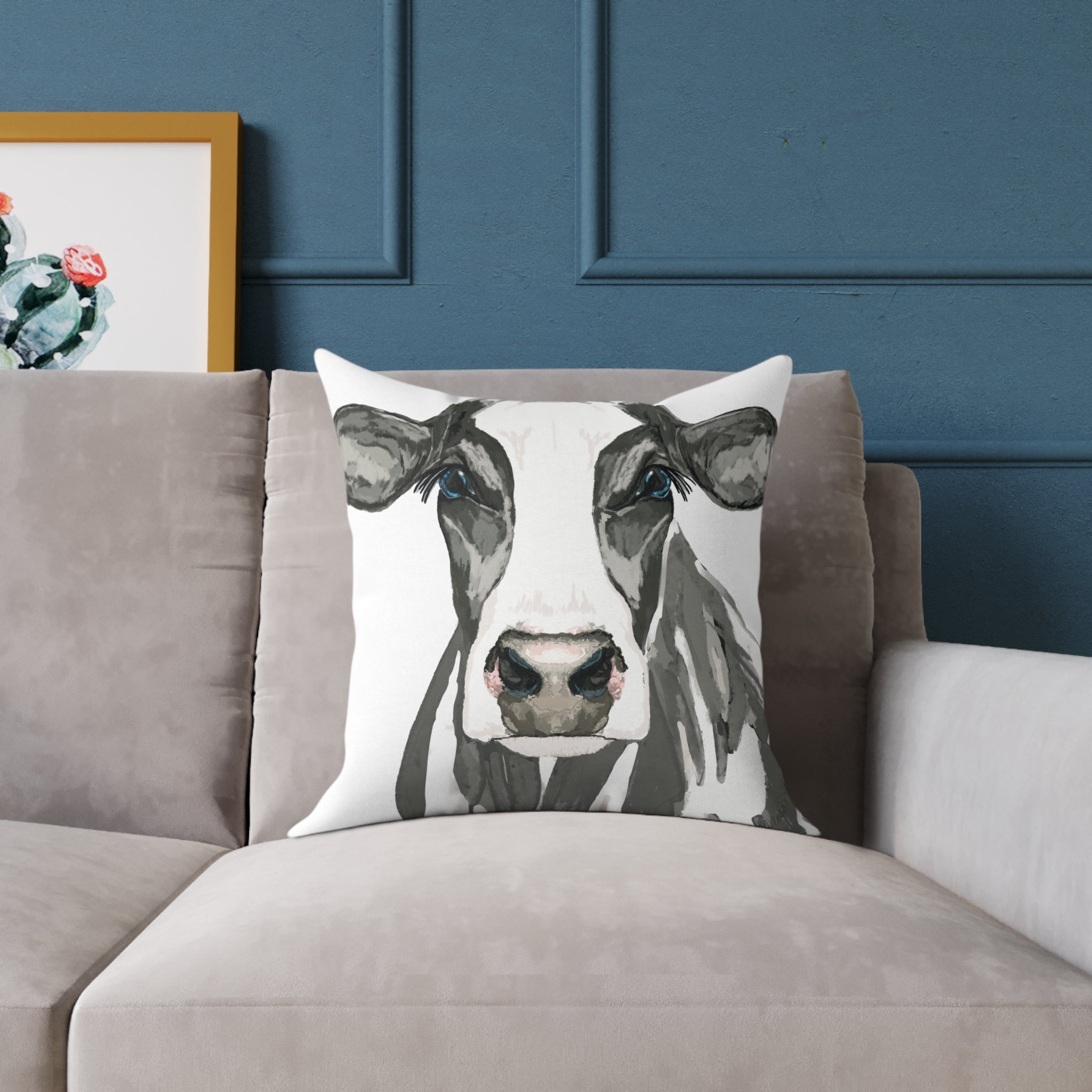 Farmhouse Black And White Cow Square Poly Canvas Pillows - Blue Cava