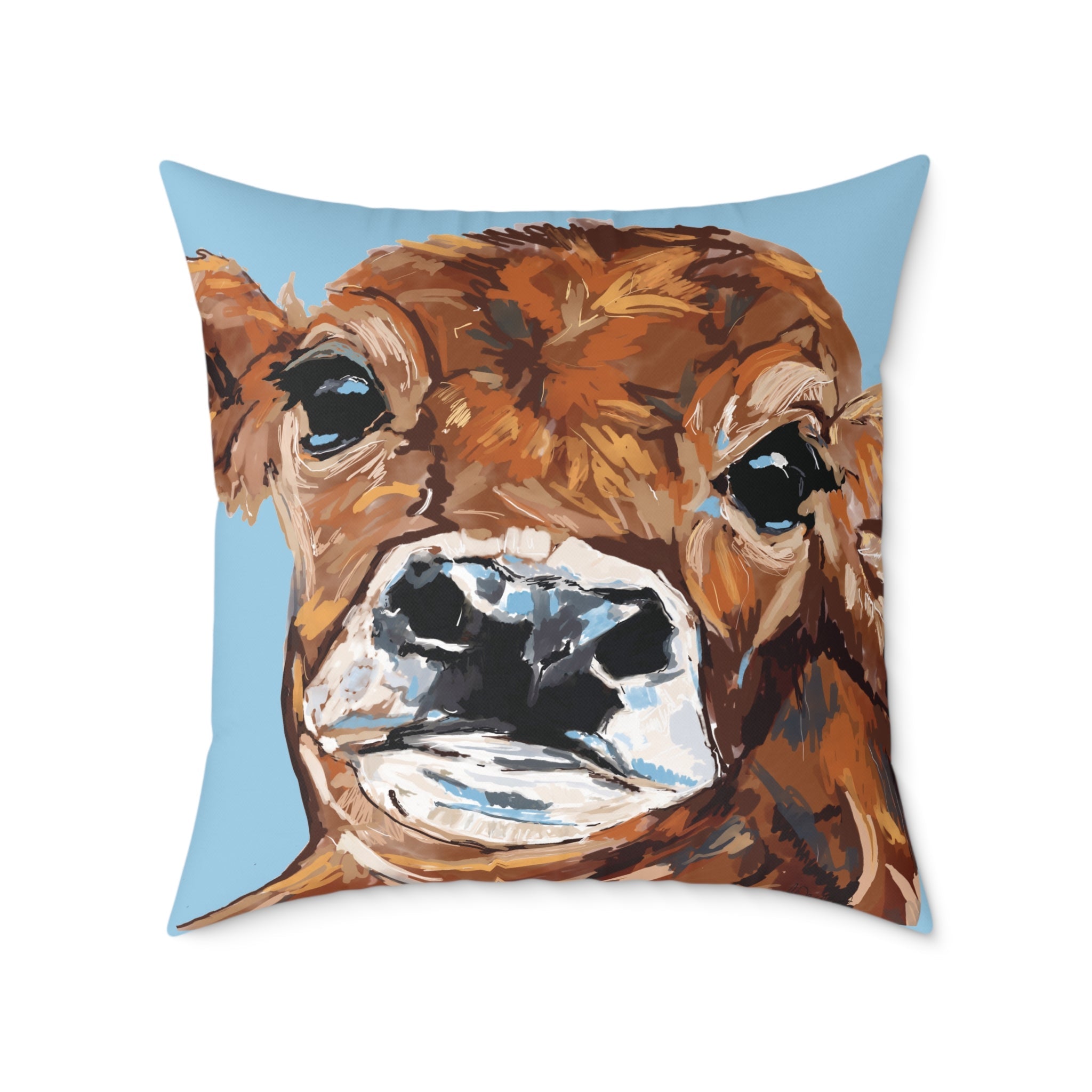 Farmhouse Brown Cow Square Poly Canvas Throw Pillows - Blue Cava