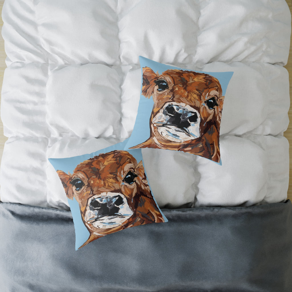 Farmhouse Brown Cow Square Poly Canvas Throw Pillows - Blue Cava