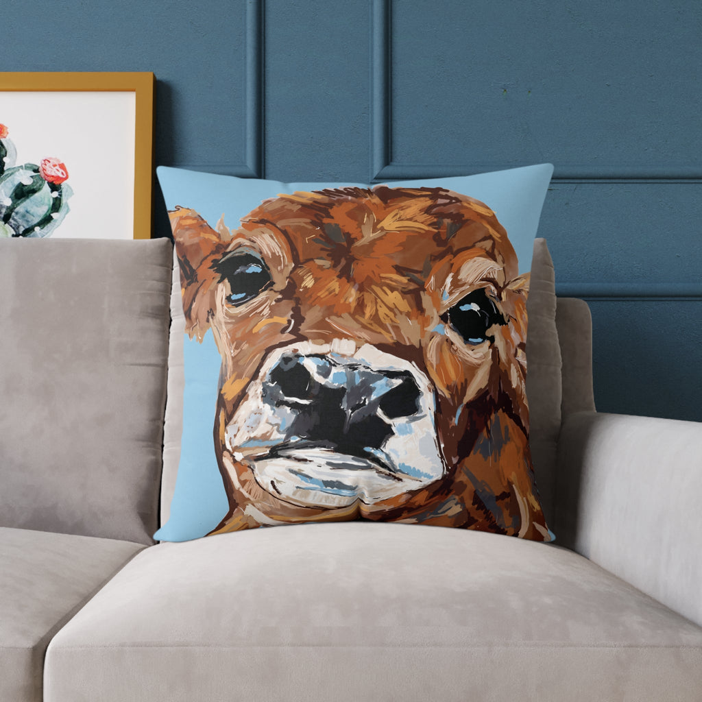 Farmhouse Brown Cow Square Poly Canvas Throw Pillows - Blue Cava