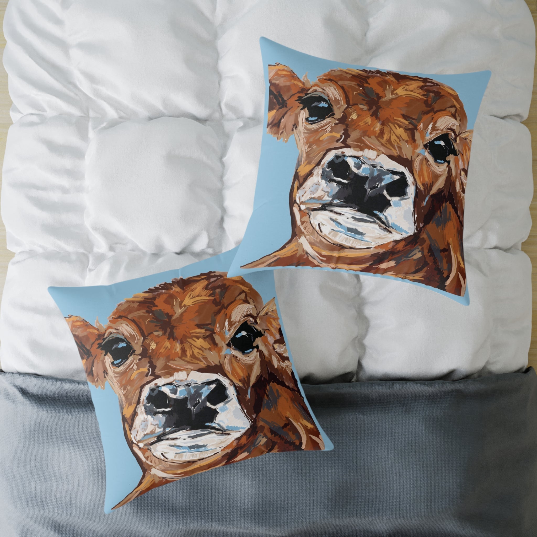 Farmhouse Brown Cow Square Poly Canvas Throw Pillows - Blue Cava