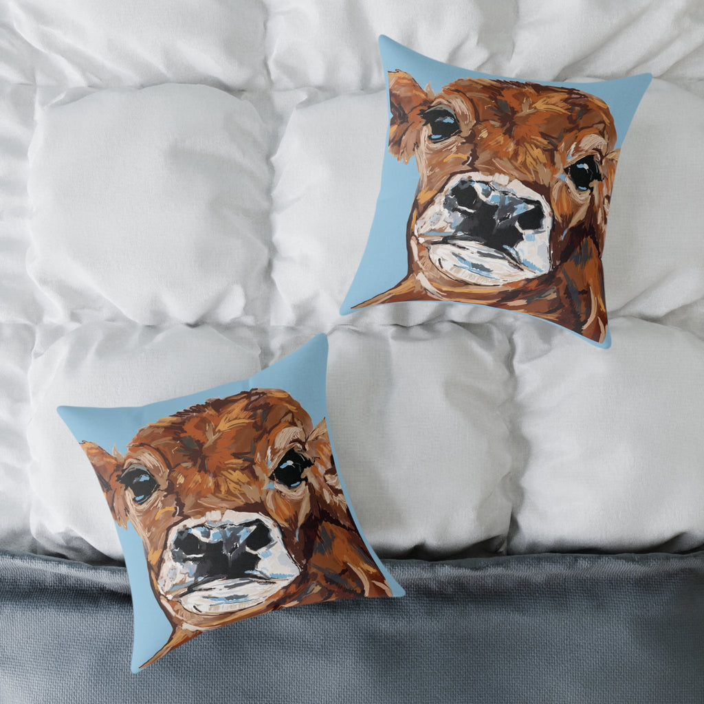 Farmhouse Brown Cow Square Poly Canvas Throw Pillows - Blue Cava