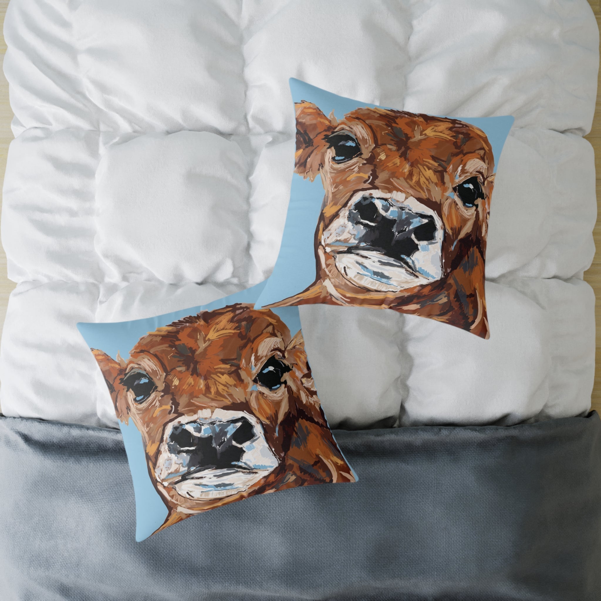 Farmhouse Brown Cow Square Poly Canvas Throw Pillows - Blue Cava