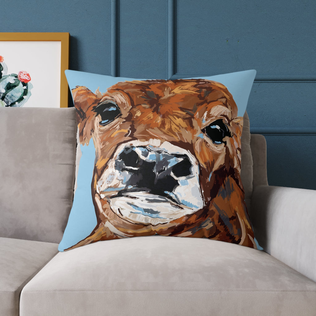 Farmhouse Brown Cow Square Poly Canvas Throw Pillows - Blue Cava