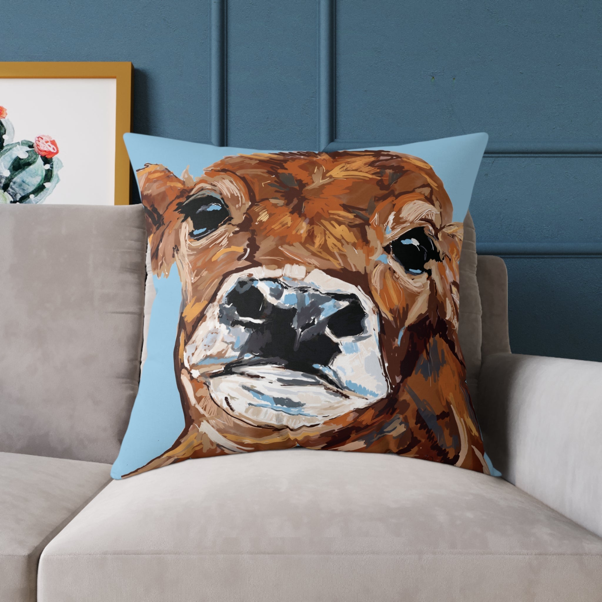Farmhouse Brown Cow Square Poly Canvas Throw Pillows - Blue Cava