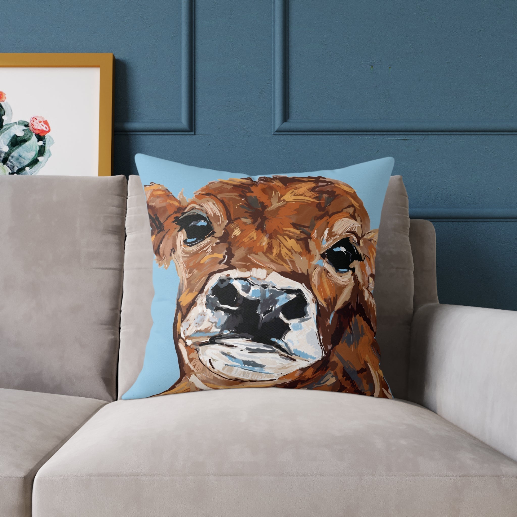 Farmhouse Brown Cow Square Poly Canvas Throw Pillows - Blue Cava