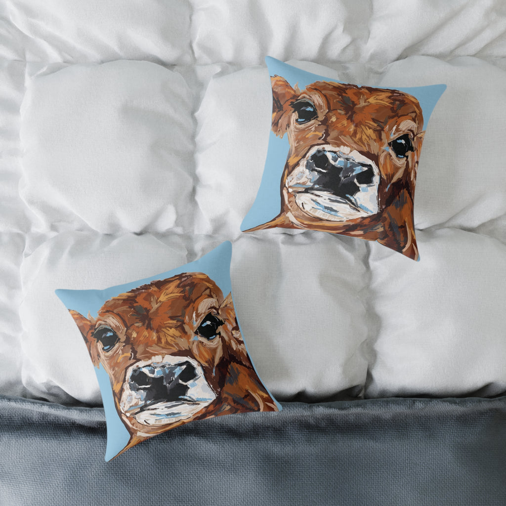 Farmhouse Brown Cow Square Poly Canvas Throw Pillows - Blue Cava