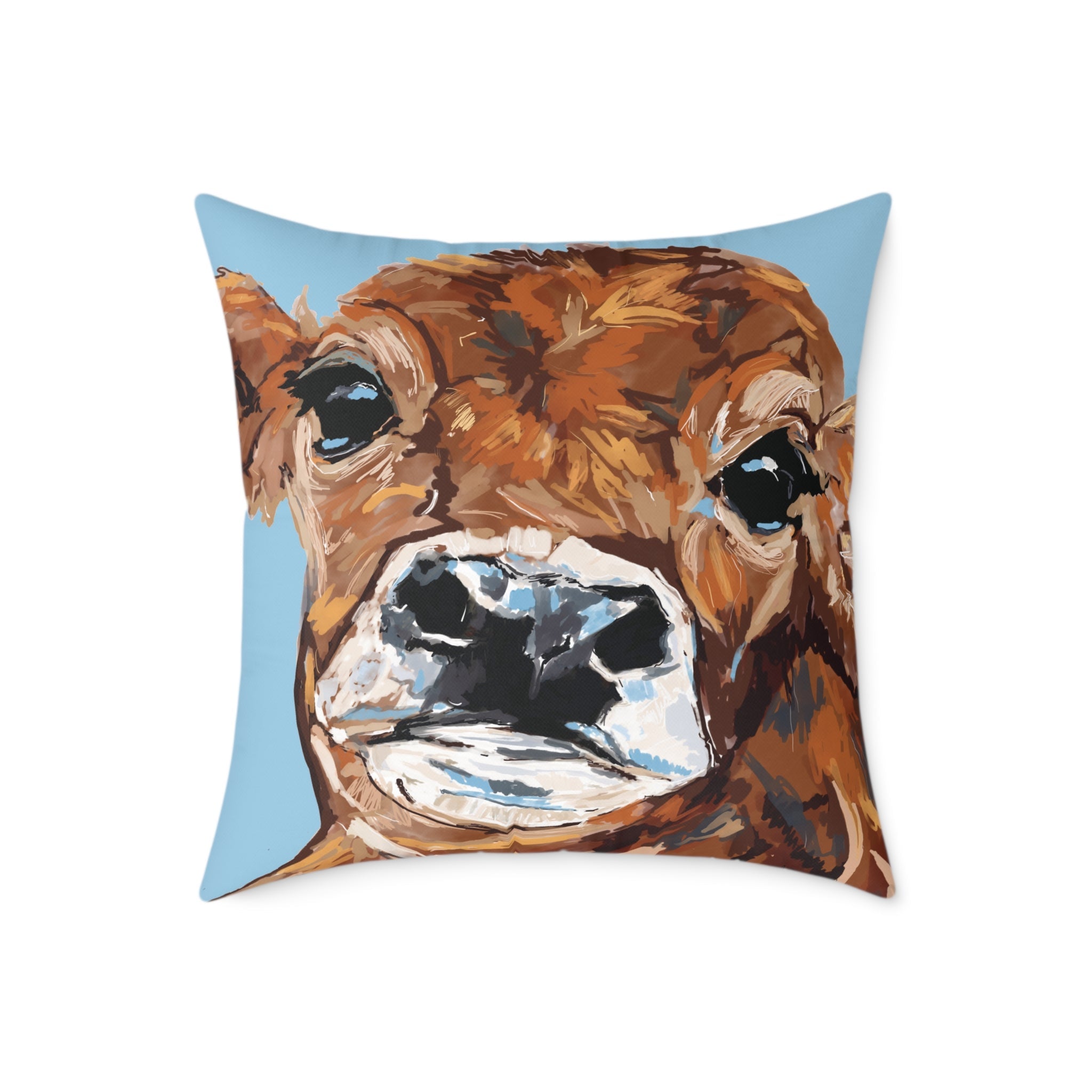 Farmhouse Brown Cow Square Poly Canvas Throw Pillows - Blue Cava