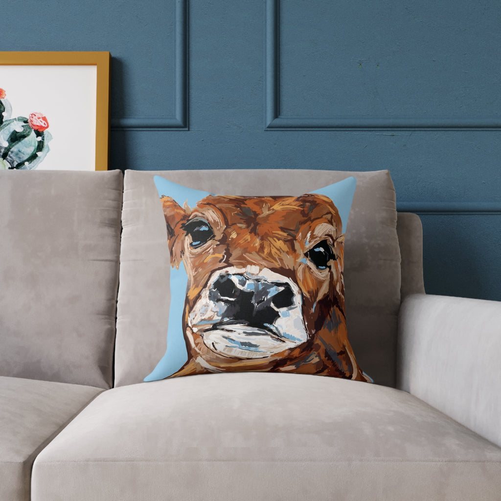 Farmhouse Brown Cow Square Poly Canvas Throw Pillows - Blue Cava