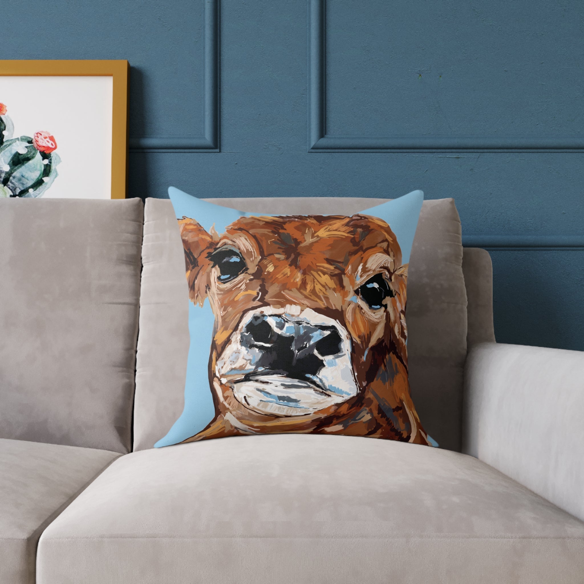 Farmhouse Brown Cow Square Poly Canvas Throw Pillows - Blue Cava
