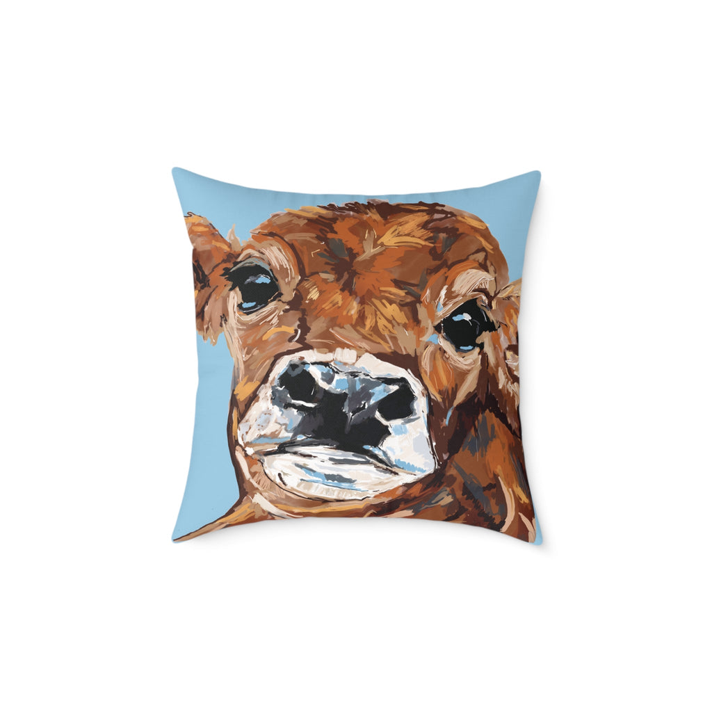 Farmhouse Brown Cow Square Poly Canvas Throw Pillows - Blue Cava