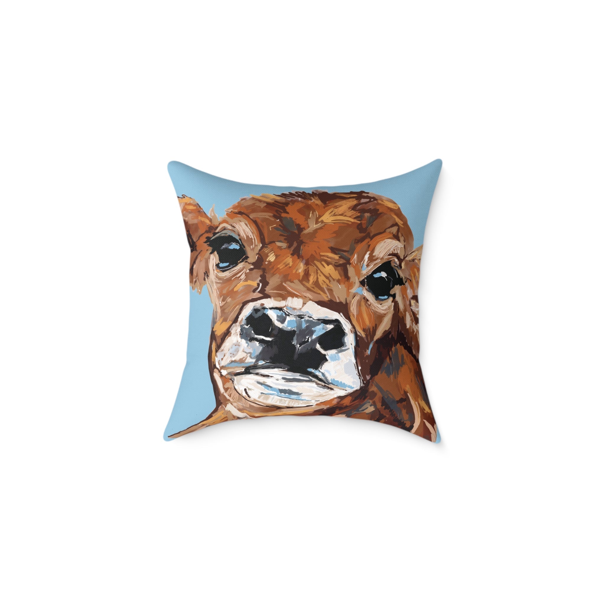 Farmhouse Brown Cow Square Poly Canvas Throw Pillows - Blue Cava