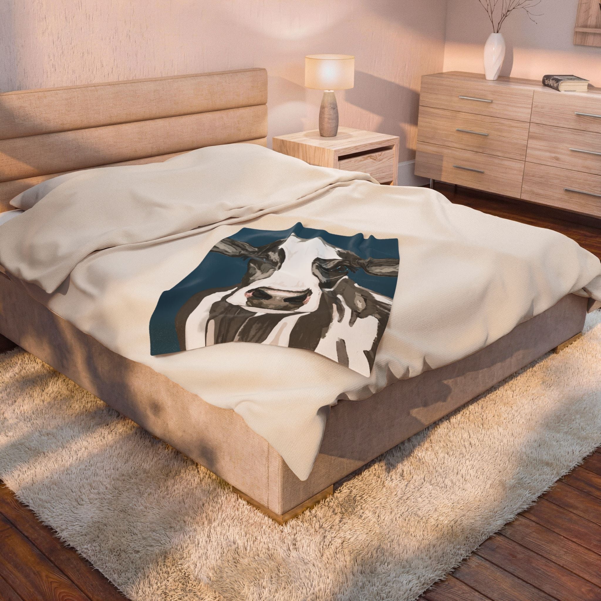 Farmhouse Cow Velveteen Plush Blanket - Blue Cava