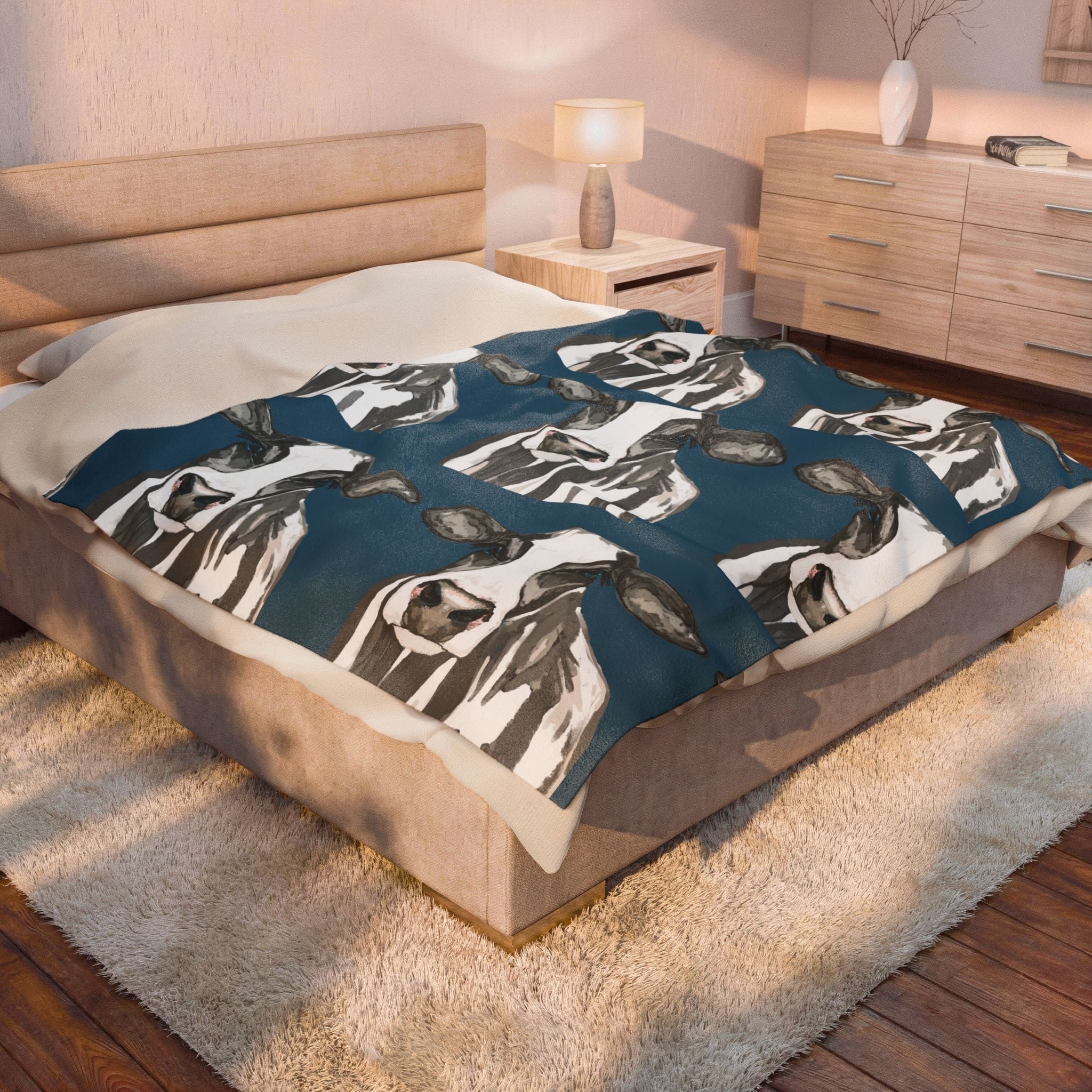 Farmhouse Cow Velveteen Plush Blanket - Blue Cava