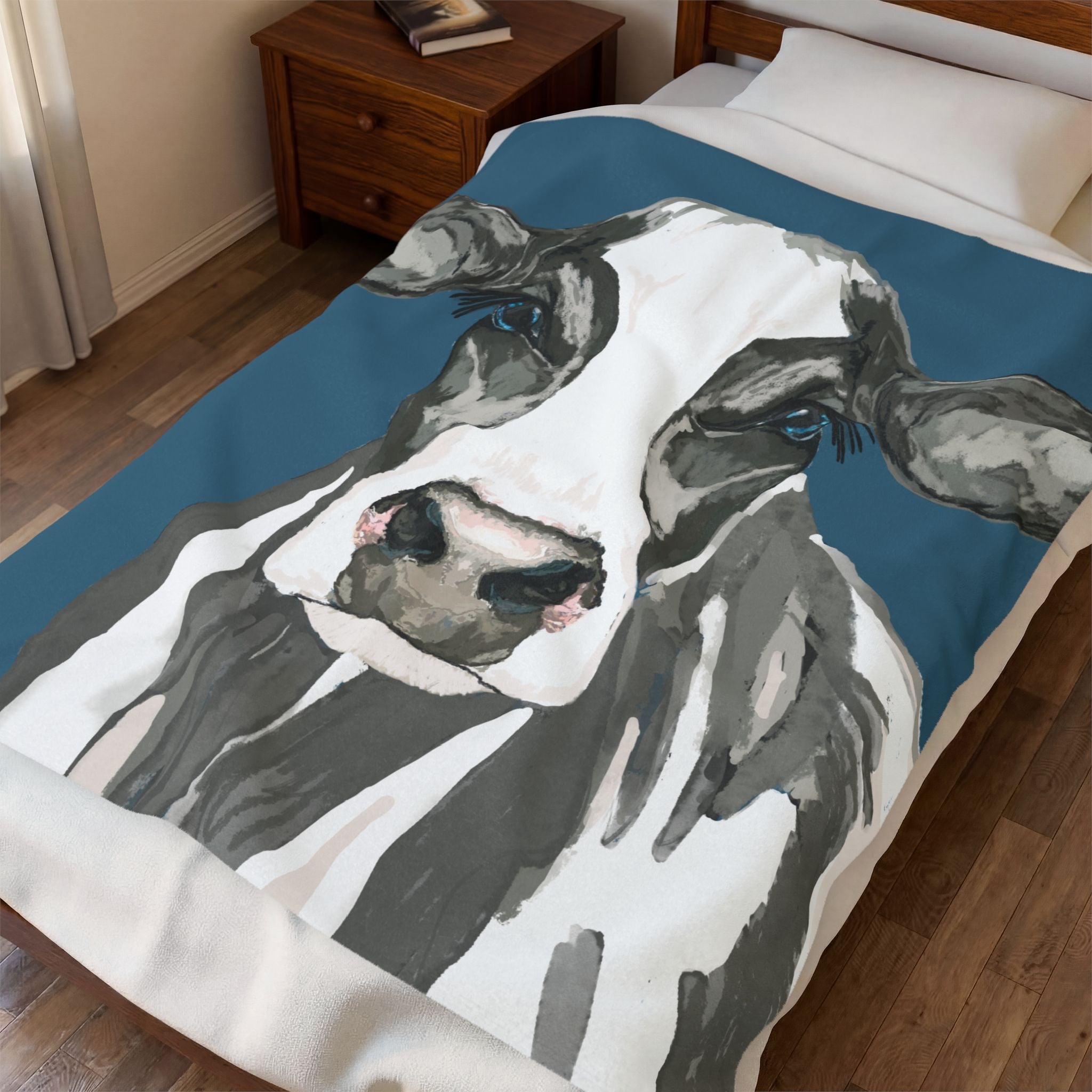 Farmhouse Cow Velveteen Plush Blanket - Blue Cava