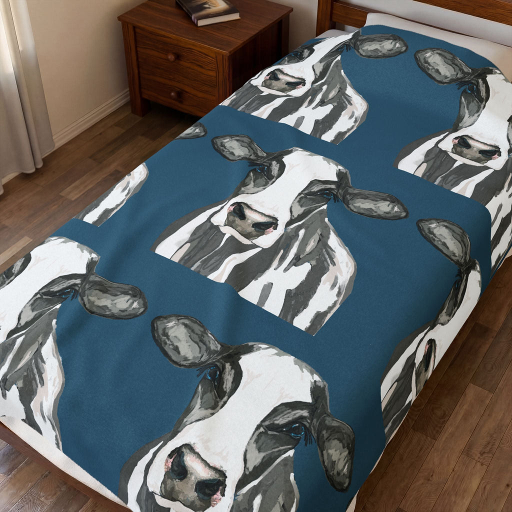 Farmhouse Cow Velveteen Plush Blanket - Blue Cava