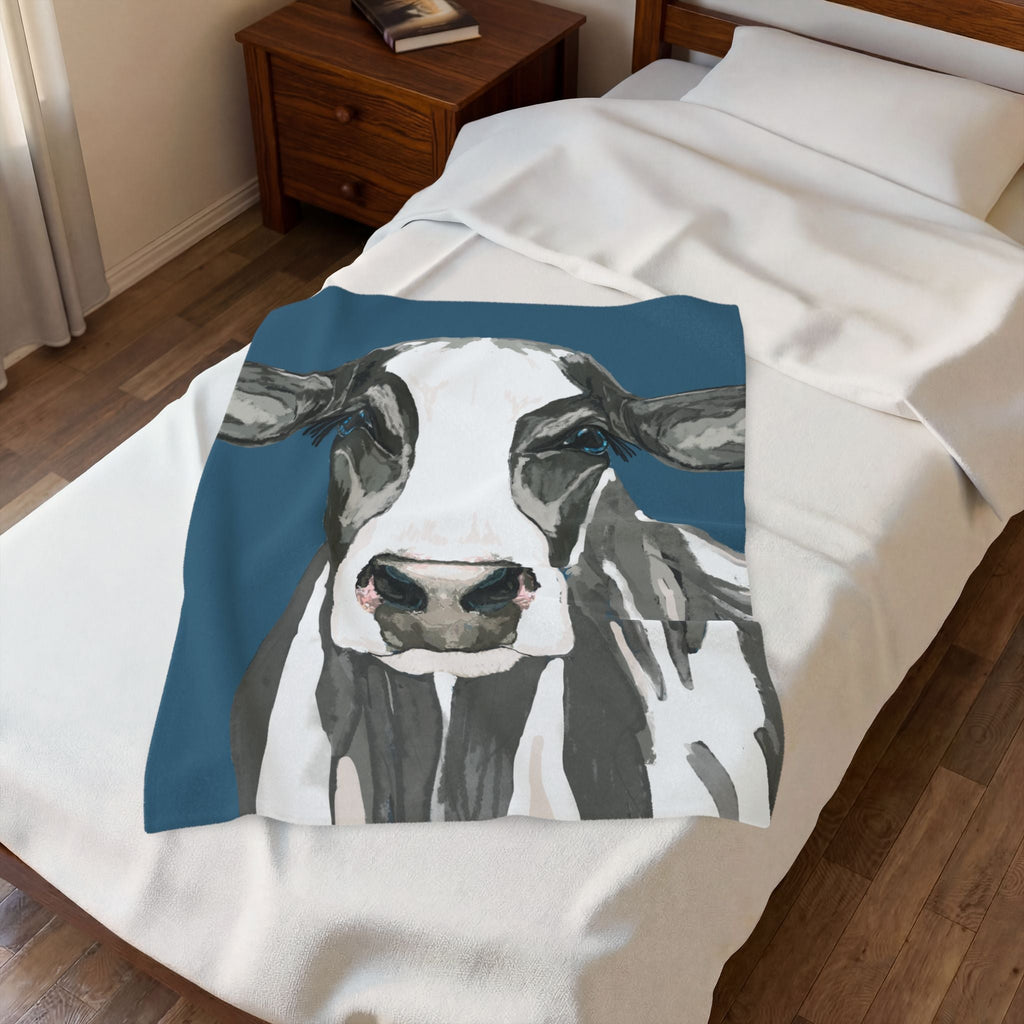 Farmhouse Cow Velveteen Plush Blanket - Blue Cava