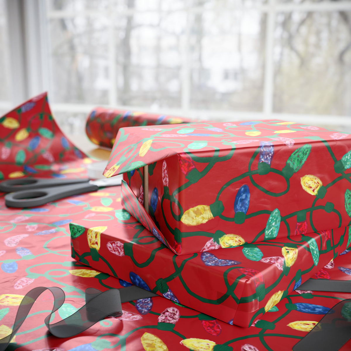 Festive Christmas Lights Wrapping Paper, Eco-Friendly - Blue Cava