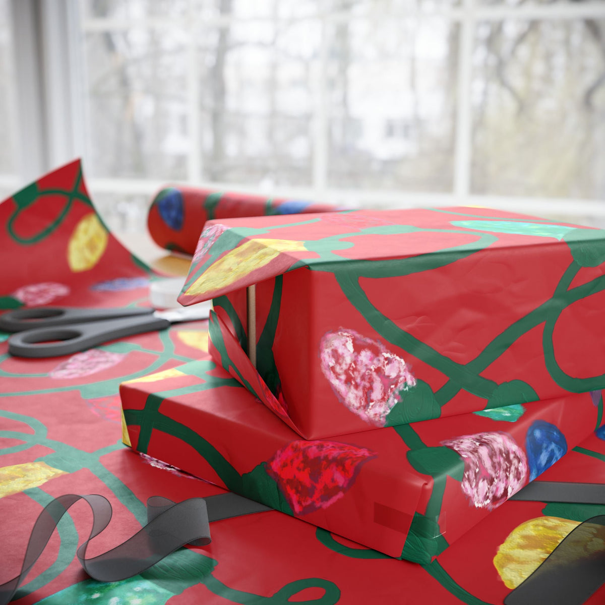 Festive Christmas Lights Wrapping Paper, Eco-Friendly - Blue Cava