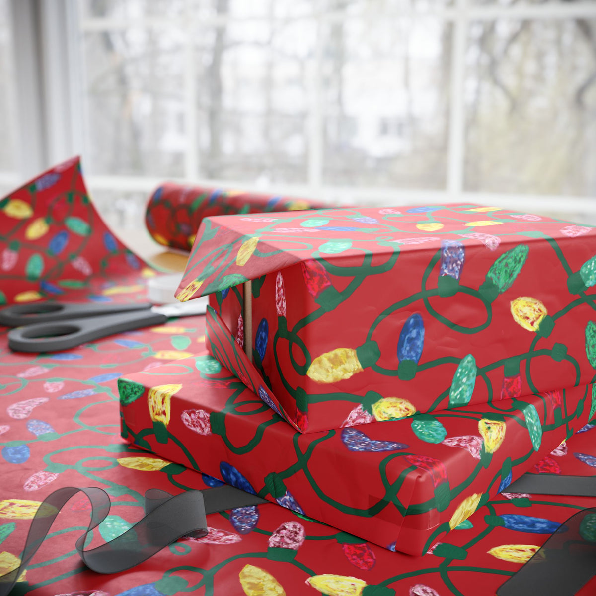 Festive Christmas Lights Wrapping Paper, Eco-Friendly - Blue Cava