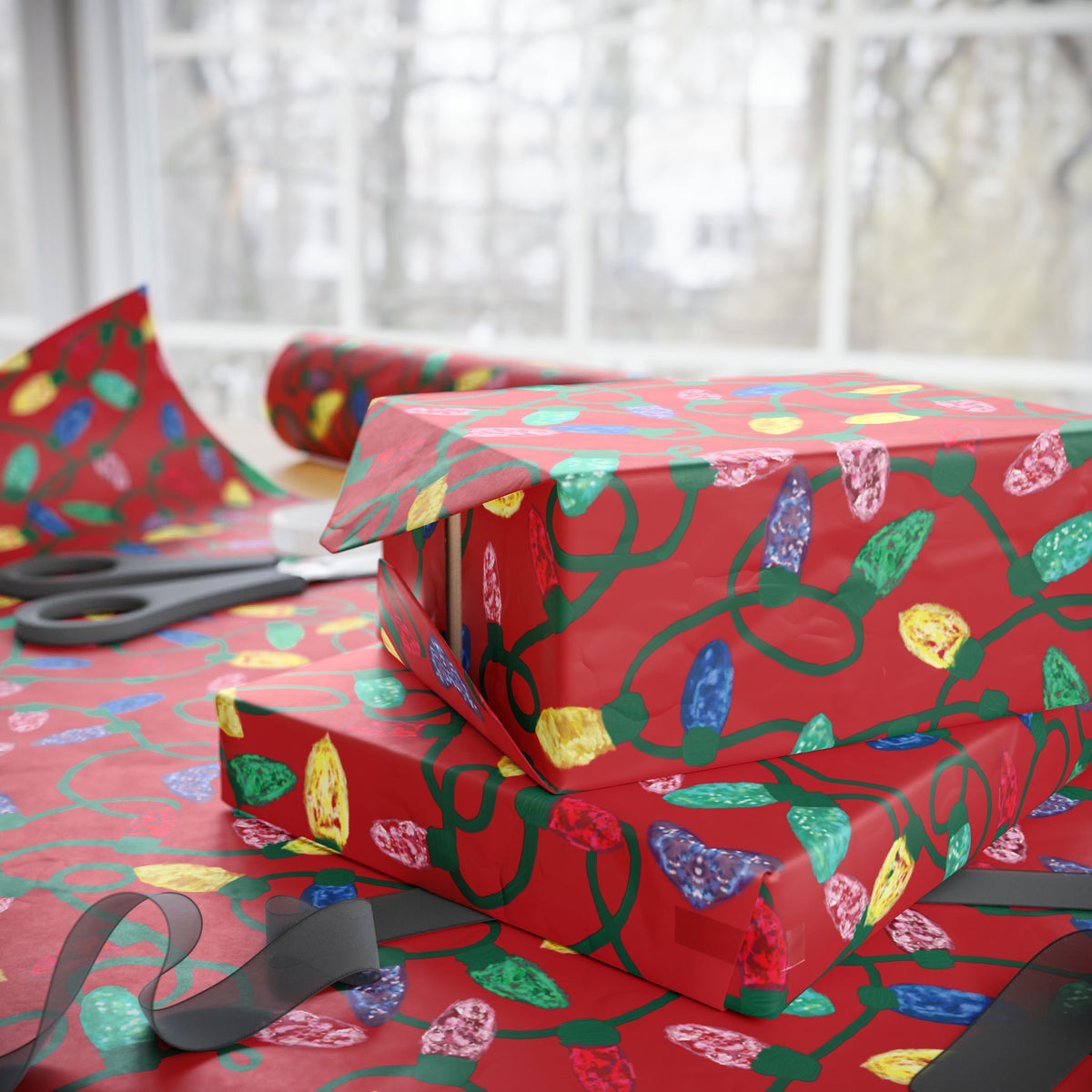 Festive Christmas Lights Wrapping Paper, Eco-Friendly - Blue Cava