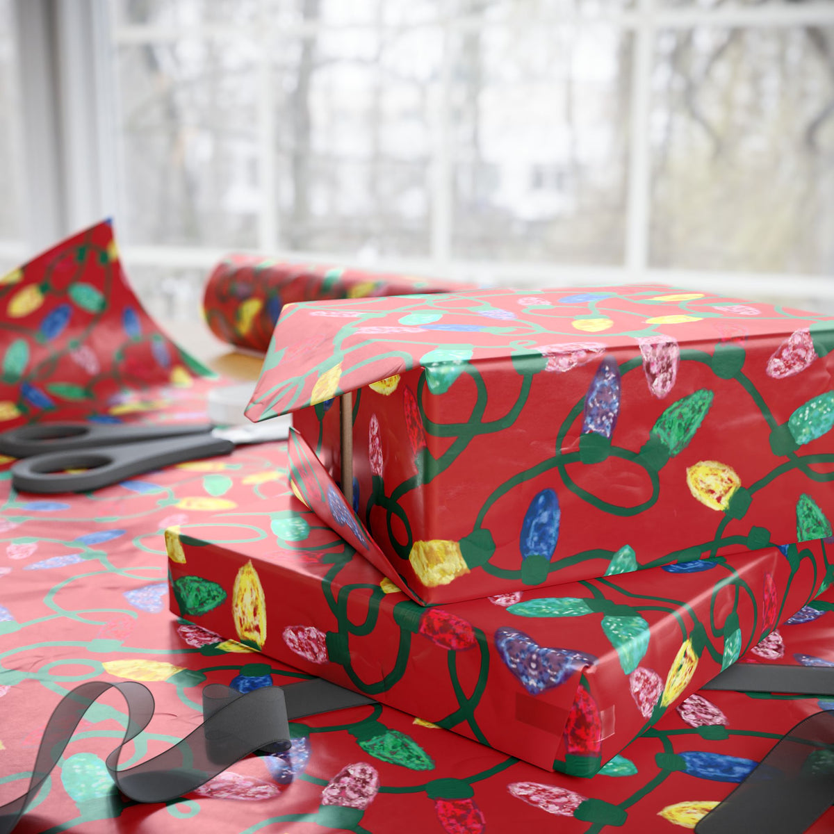 Festive Christmas Lights Wrapping Paper, Eco-Friendly - Blue Cava