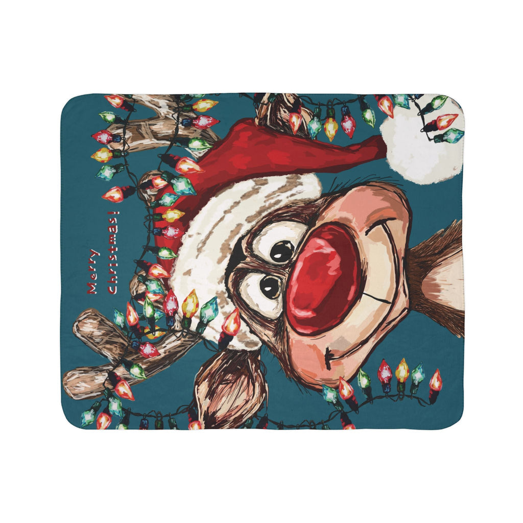 Festive Christmas Reindeer Fleece Sherpa Blanket - Blue Cava