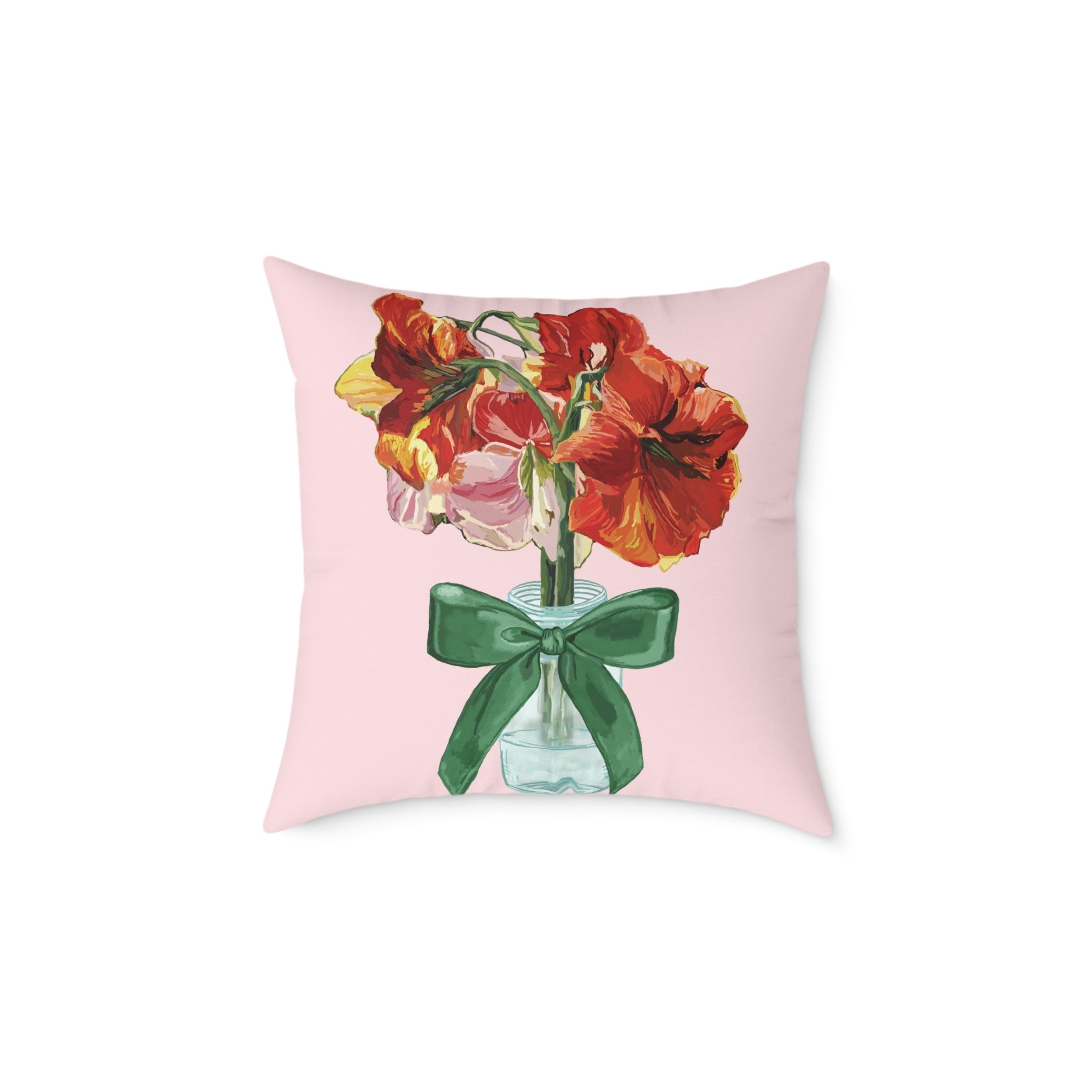Floral Amaryllis Pillow — Pink Canvas Throw Pillow with Red Blooms & Green Bow - Blue Cava